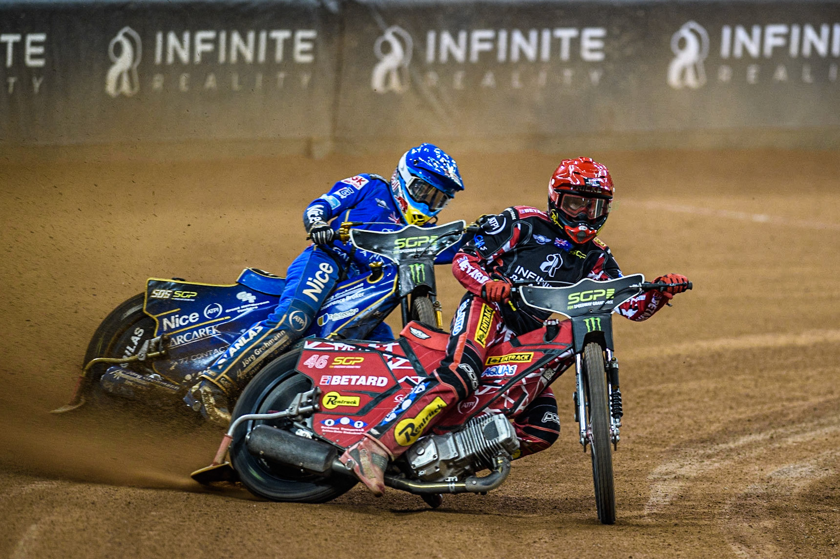 Max Fricke (46) (Red) leads  Robert Lambert (505) (Blue) during the FIM Speedway Grand Prix of Great Britain at the Principality Stadium, Cardiff on Saturday 2nd September 2023. (Photo: Ian Charles | MI News)