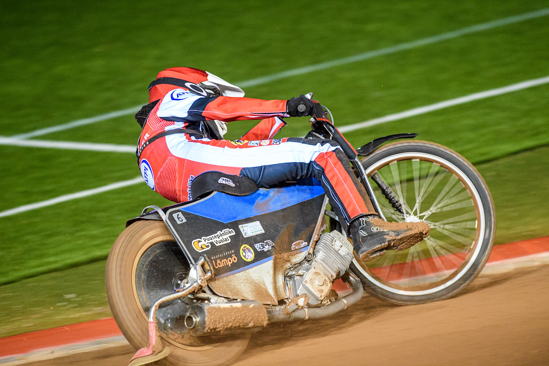 Belle Vue Aces' Antti Vuolas  in action during the Rowe Motor Oil Premiership Play Off Semi Final 2, 1st Leg match between Belle Vue Aces and Sheffield Tigers at the National Speedway Stadium, Manchester on Monday 16th September 2024. (Photo: Ian Charles | MI News)