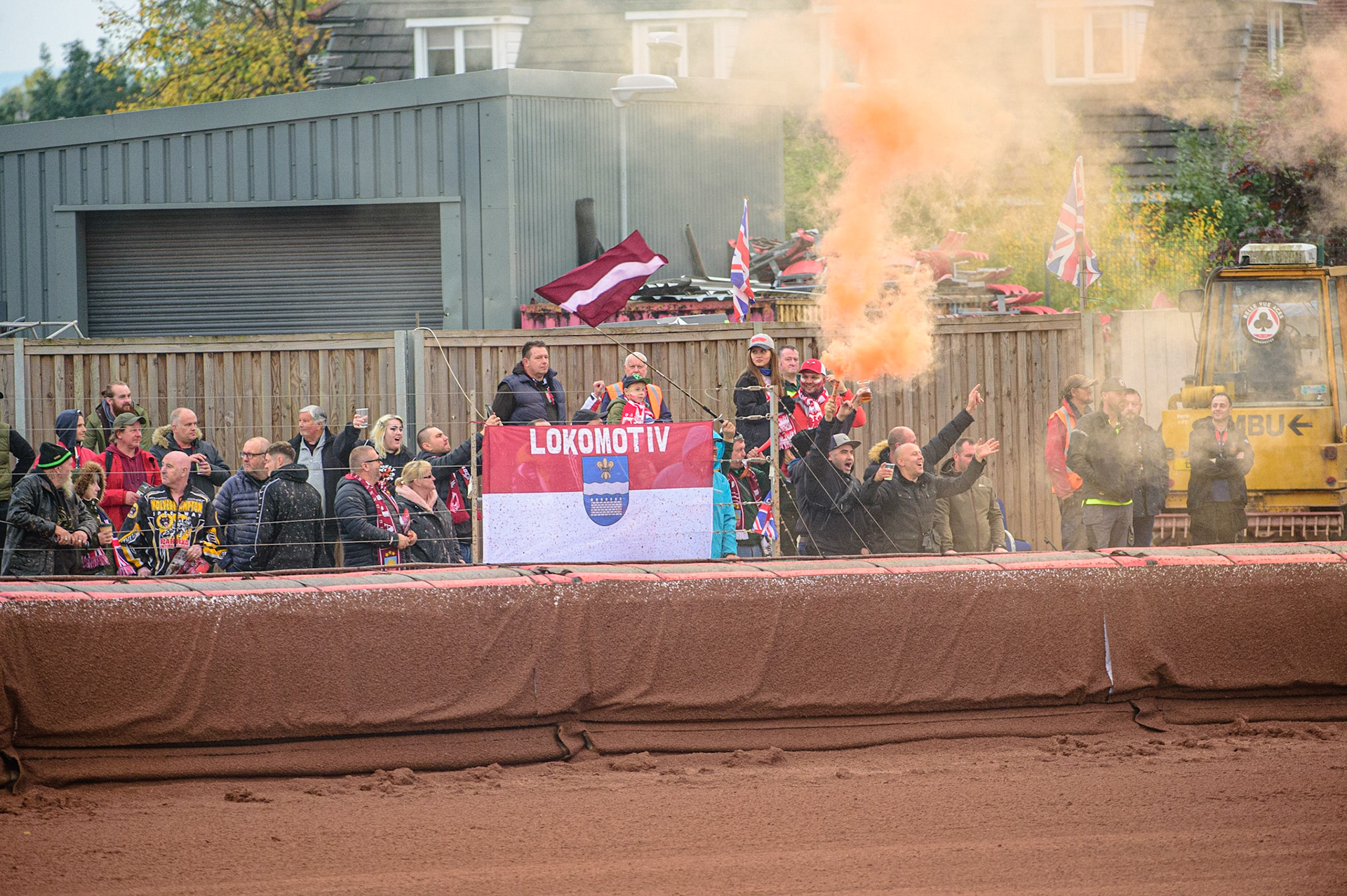 MANCHESTER, UK. OCT 17TH Latvian fans greet their teams appearance  during the Monster Energy FIM Speedway of Nations at the National Speedway Stadium, Manchester on Sunday  17th October 2021. (Credit: Ian Charles | MI News)