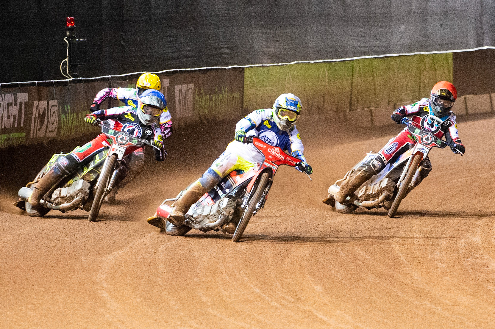 Photo: Ian CharlesChris Harris of the 'ATPI' All Stars (White) leads Brady Kurtz of Belle Vue 'BikeRight' Aces (Red)., Jye Etheridge of Belle Vue 'BikeRight' Aces (Blue) and Josh MacDonald of the 'ATPI' All StarsBelle Vue ‘Bikerite ’Aces v ‘ATPI’ All Stars, Premiership Challenge, National Speedway Stadium, Manchester Thursday  24  September  2020