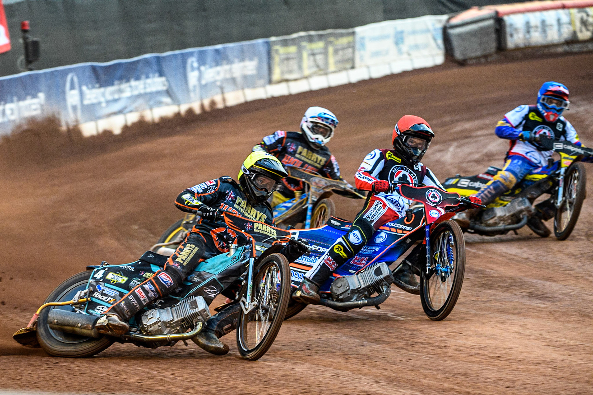 Ryan Douglas (Yellow) outside Brady Kurtz (Red) Paco Castagna (Blue) with Justin Sedgmen (White) behind during the Sports Insure Premiership Knock Out Cup Quarter Final 2nd Leg between Belle Vue Aces and Wolverhampton Wolves at the National Speedway Stadium, Manchester on Thursday 18th May 2023. (Photo: Ian Charles | MI News)
