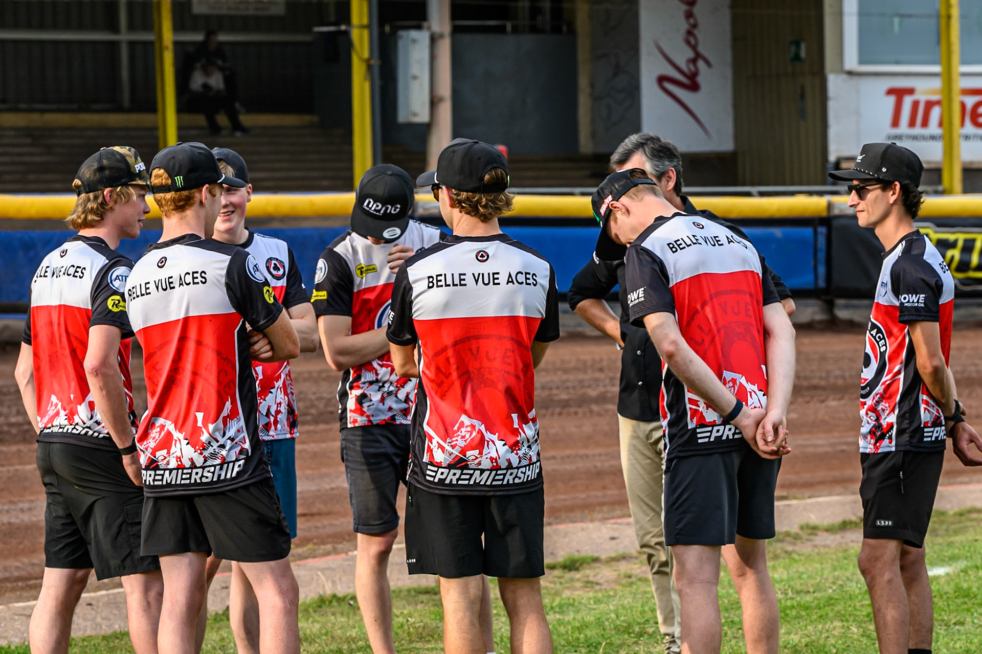 Belle Vue ATPI Aces Team meeting prior to the Rowe Motor Oil Premiership match between Sheffield Tigers and Belle Vue Aces at Owlerton Stadium, Sheffield on Monday 11th August 2025. (Photo: Ian Charles | MI News)