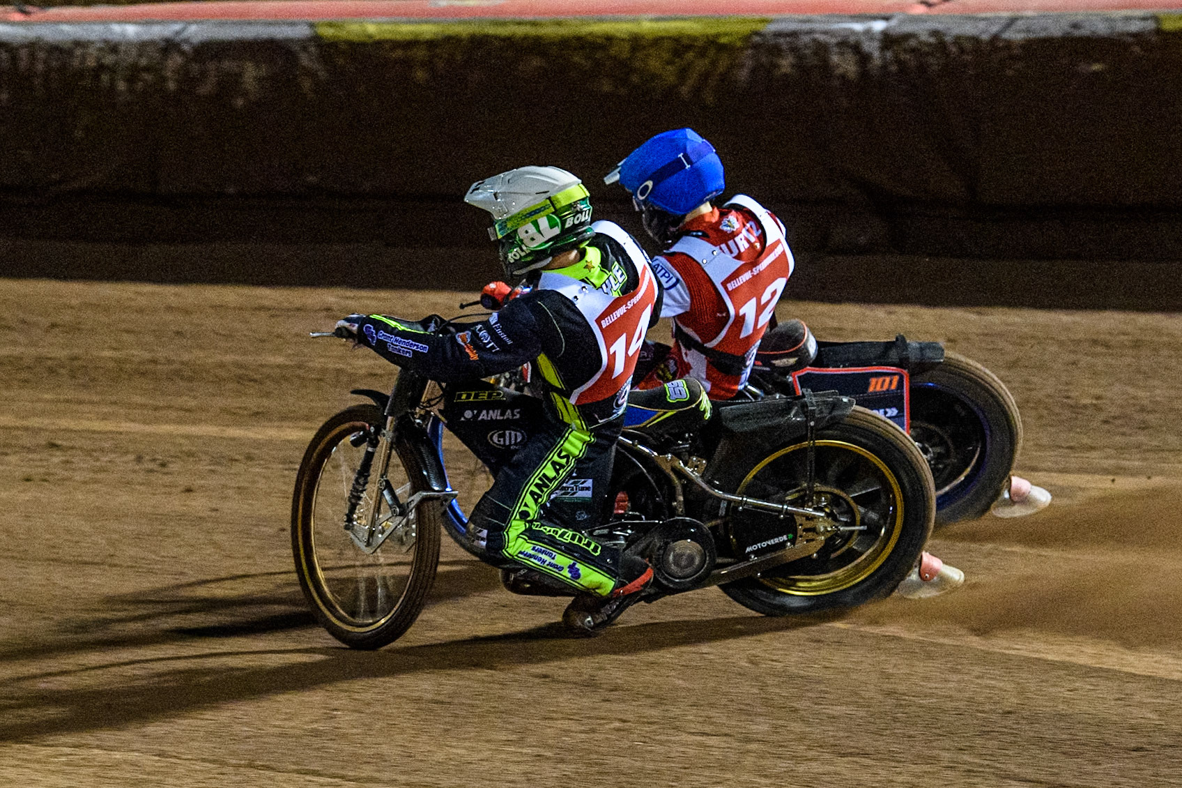 Australia's Jason Doyle (White) inside Australia's Brady Kurtz (Blue) during the Peter Craven Memorial Trophy meeting at the National Speedway Stadium, Manchester on Monday 18th March 2024. (Photo: Ian Charles | MI News)
