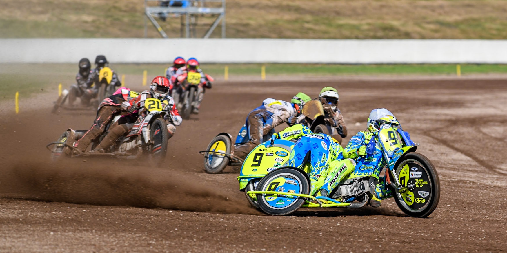 Mitch Goddard &amp; Paul Smith (9) of Great Britain in White leading Wilfred Detz &amp; Britget Portijk (1) of The Netherlands  in Yellow and Jérémy Malpeyre &amp; Dylan Bouillard (21) of Francein Red in the Sidecar Support Class  during the FIM Long Track World Championship Final 5 at the Speed Centre Roden, Roden, Netherlands on Sunday 22nd September 2024. (Photo: Ian Charles | MI News)