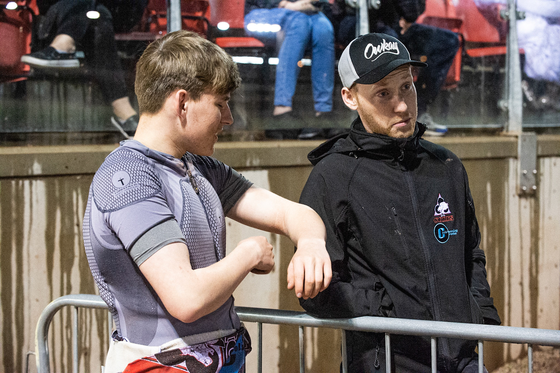 Photo: Ian Charles

Kyle Bickley  (left) with injured Colt Paul Bowen 

Belle Vue Colts v Mildenhall Fen Tigers, National League, Belle Vue National Speedway Stadium, Manchester, Monday 2  September  2019