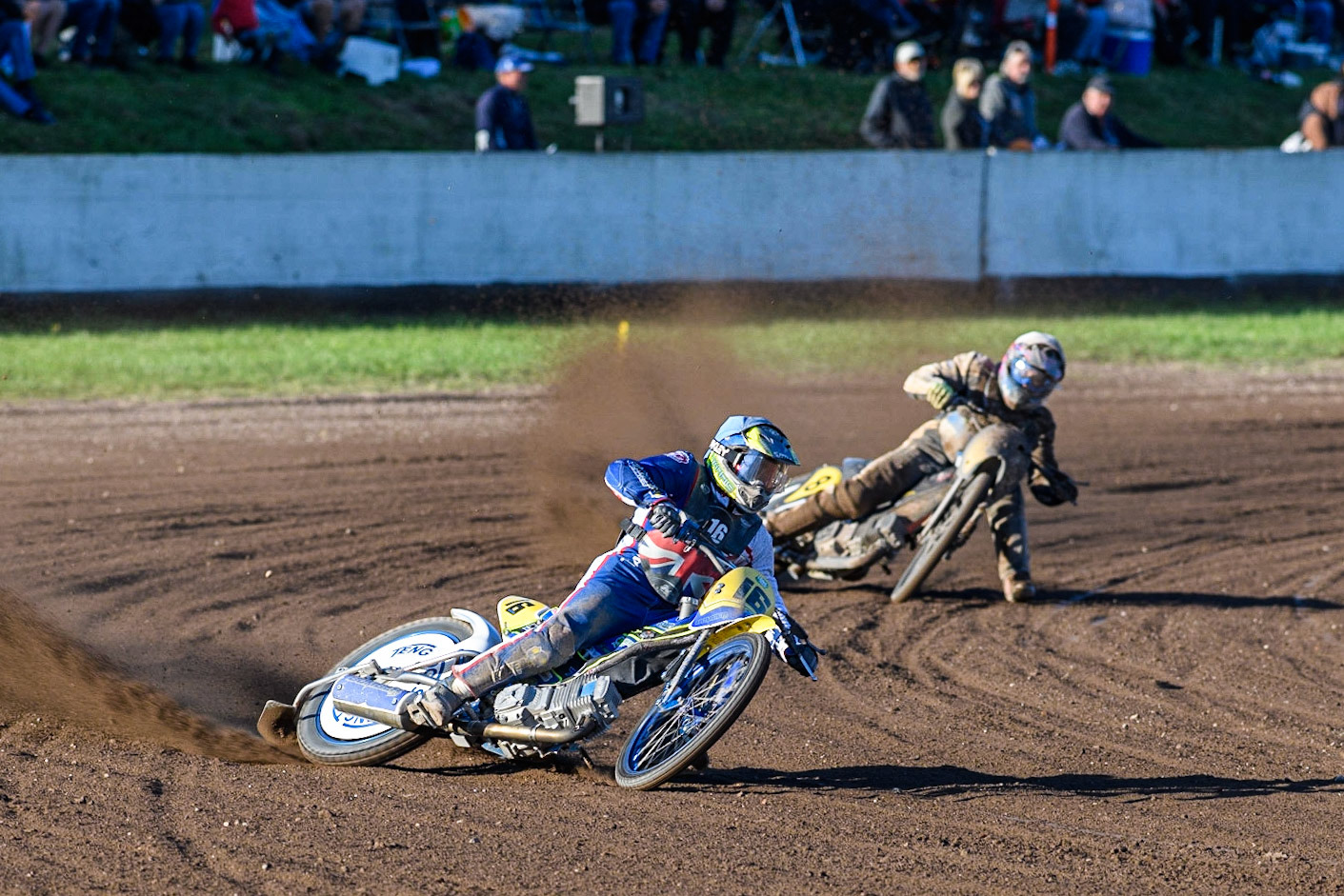 Chris Harris (Blue) leads  Henri Ahlbom (White) during the FIM Long Track Of Nations event at the Speed Centre Roden on Sunday 24th September 2023. (Photo: Ian Charles | MI News)