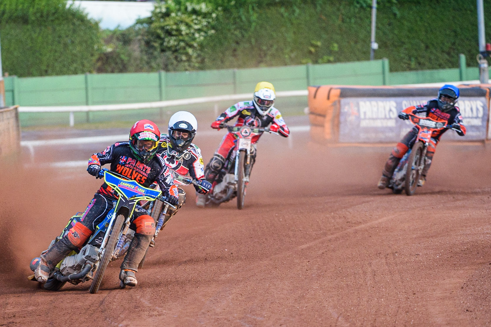 WOLVERHAMPTON, UK. JULY 26TH Nick Morris  (Red) leads Brady Kurtz  (White) and Richie Worrall  (Yellow) with Luke Becker  at the rear during the SGB Premiership match between Wolverhampton Wolves and Belle Vue Aces at the Ladbroke Stadium, Wolverhampton on Monday 26th July 2021. (Credit: Ian Charles | MI News)