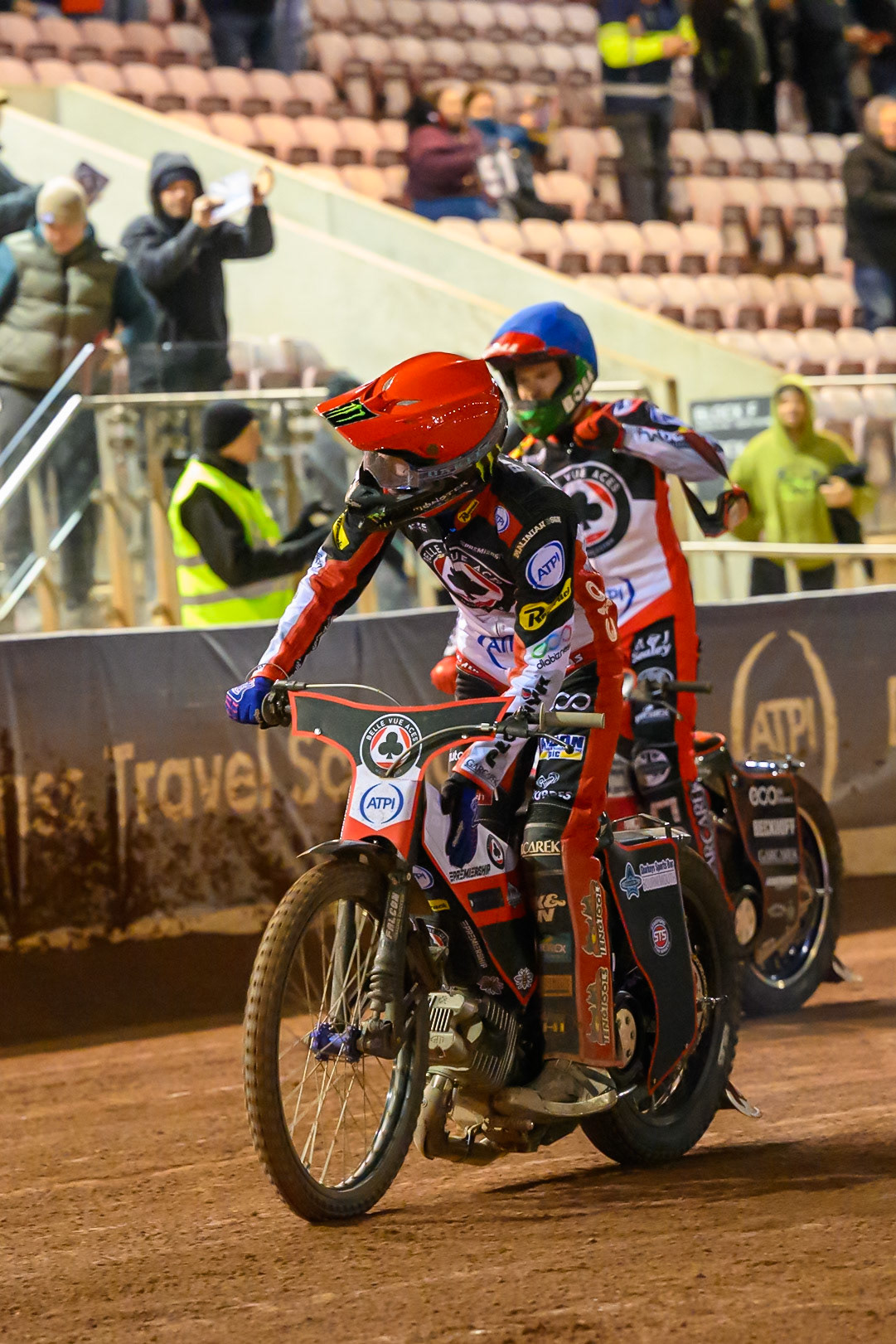 Dan Bewley of Belle Vue Aces  in Red and Brady Kurtz of Belle Vue Aces  in Blue acknowledge the fans at the end of the meeting during the Rowe Motor Oil Premiership match between Belle Vue Aces and Ipswich Witches at the National Speedway Stadium, Manchester on Monday 20th April 2026. (Photo: Ian Charles | MI News)