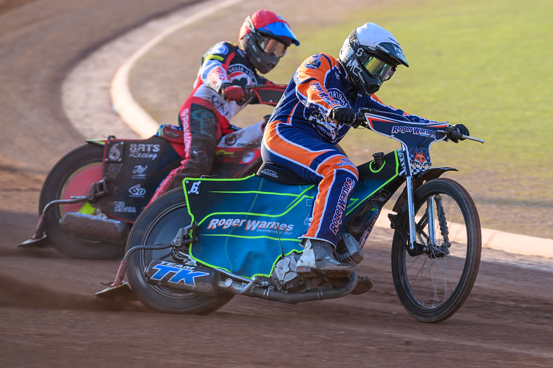 Troy Batchelor of Northampton Foxes  in White leading Tate Zischke of Belle Vue Aces in Red during the Rowe Motor Oil Premiership match between Belle Vue Aces and Northampton Foxes at the National Speedway Stadium, Manchester on Monday 13th July 2026. (Photo: Ian Charles | MI News)