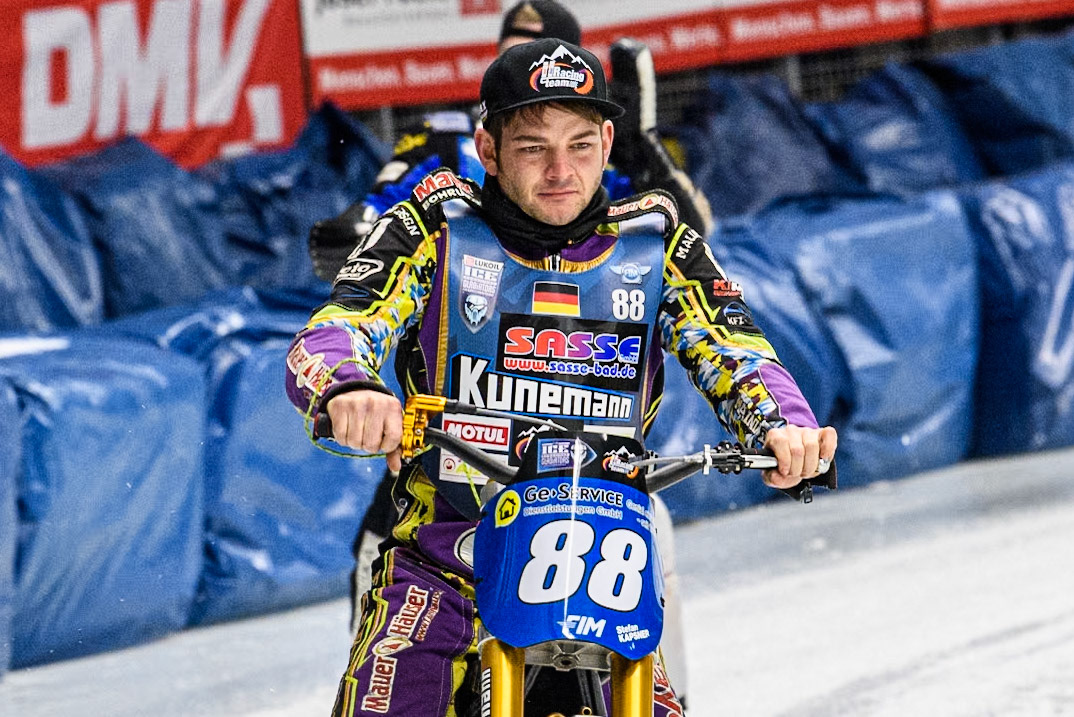 Germany's Max Niedermaier (88) during the FIM Ice Speedway Gladiators World Championship Final 1 at the Max-Aicher-Arena, Inzell on Saturday 23 March 2024. (Photo: Ian Charles | MI News)