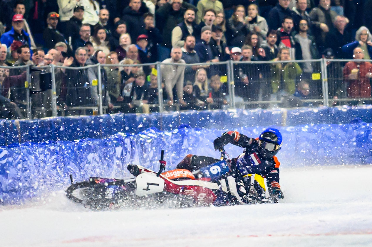 Martin Posch (4) of Austria  falls in the path of Sebastian Reitsma (6) of The Netherlands  who was unable to avoid crashing into him and his bike during the FIM Ice Speedway Of Nations at Ice Rink Thialf, Heerenveen on Sunday 12th April 2026. (Photo: Ian Charles | MI News)
