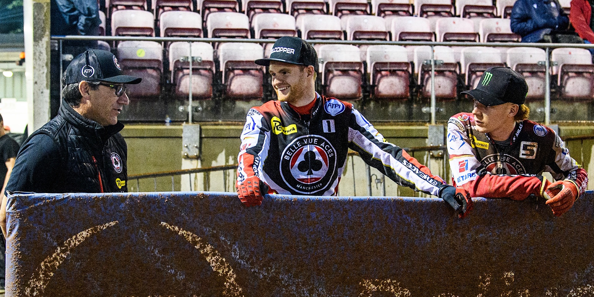 (L to R) Belle Vue Team manager Mark Lemon, Brady Kurtz and Dan Bewley during the Sports Insure Premiership match between Belle Vue Aces and King's Lynn Stars at the National Speedway Stadium, Manchester on Monday 21st August 2023. (Photo: Ian Charles | MI News)