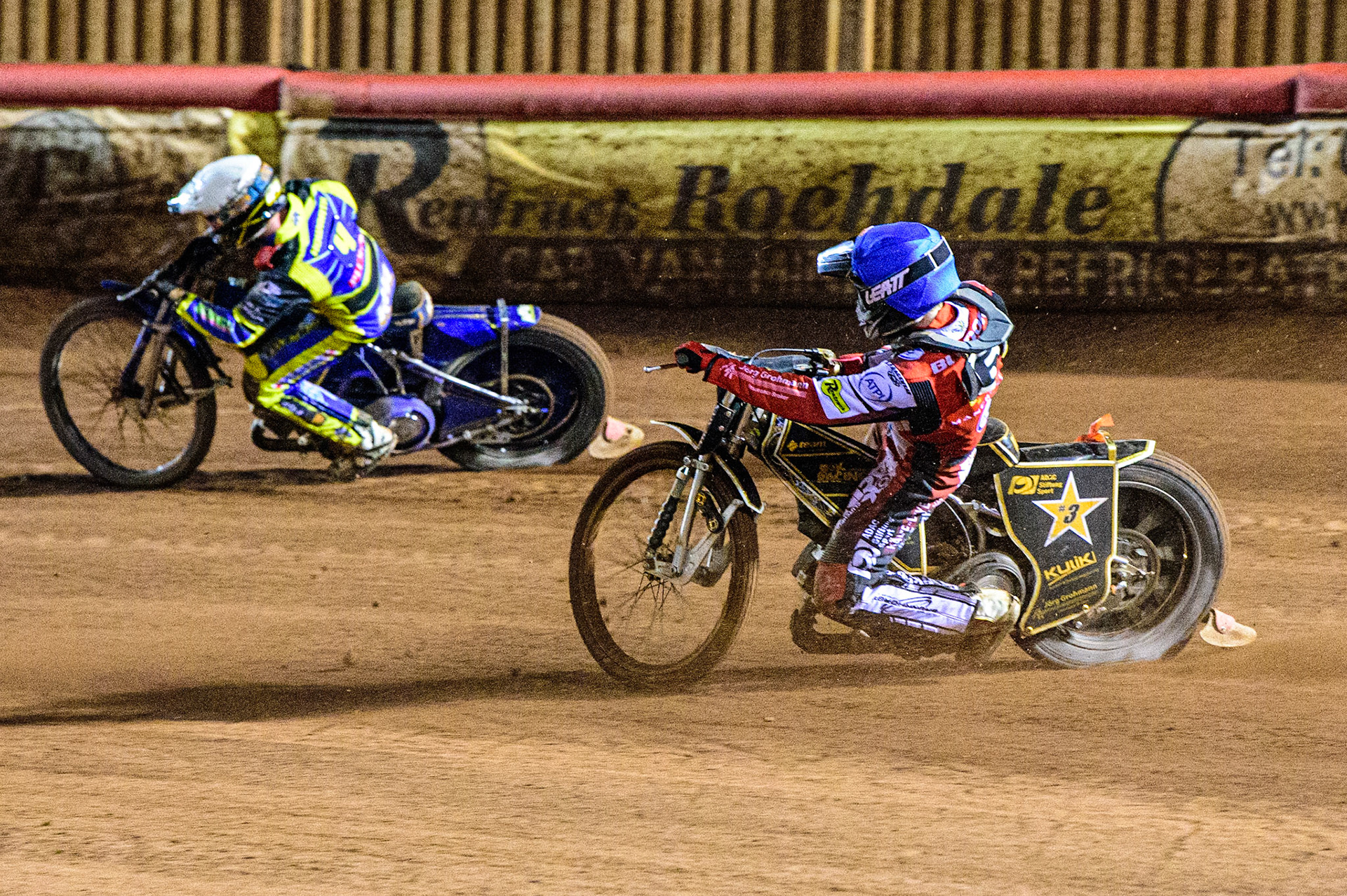 Norick Blödorn  (Blue) chases Kyle Howarth  (White) during the SGB Premiership Grand Final 1st leg between Belle Vue Aces and Sheffield Tigers at the National Speedway Stadium, Manchester on Monday 10th October 2022. (Credit: Ian Charles | MI News)