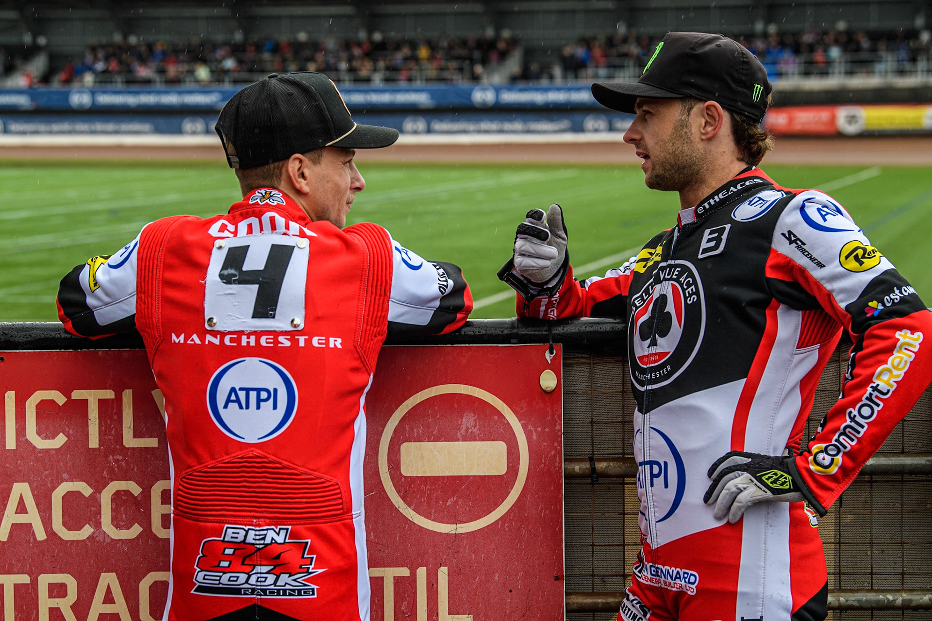 Belle Vue Aces' Ben Cook (Left) chats with Belle Vue Aces' Jaimon Lidsey during the Rowe Motor Oil Premiership match between Belle Vue Aces and Sheffield Tigers at the National Speedway Stadium, Manchester on Monday 27th May 2024. (Photo: Ian Charles | MI News)