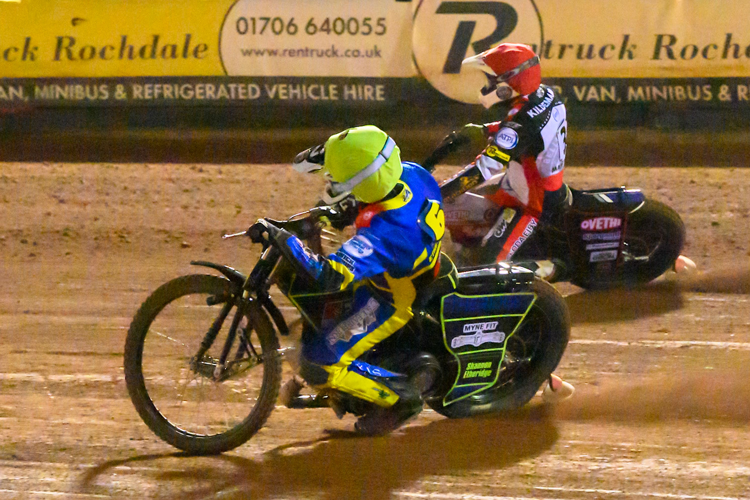 Jye Etheridge of Sheffield Tigers    in Yellow rides inside Peter Kildemand of Belle Vue Aces   in Red during the Knockout Cup, Northern Section match between Belle Vue Aces and Sheffield Tigers at the National Speedway Stadium, Manchester on Monday 30th March 2026. (Photo: Ian Charles | MI News)