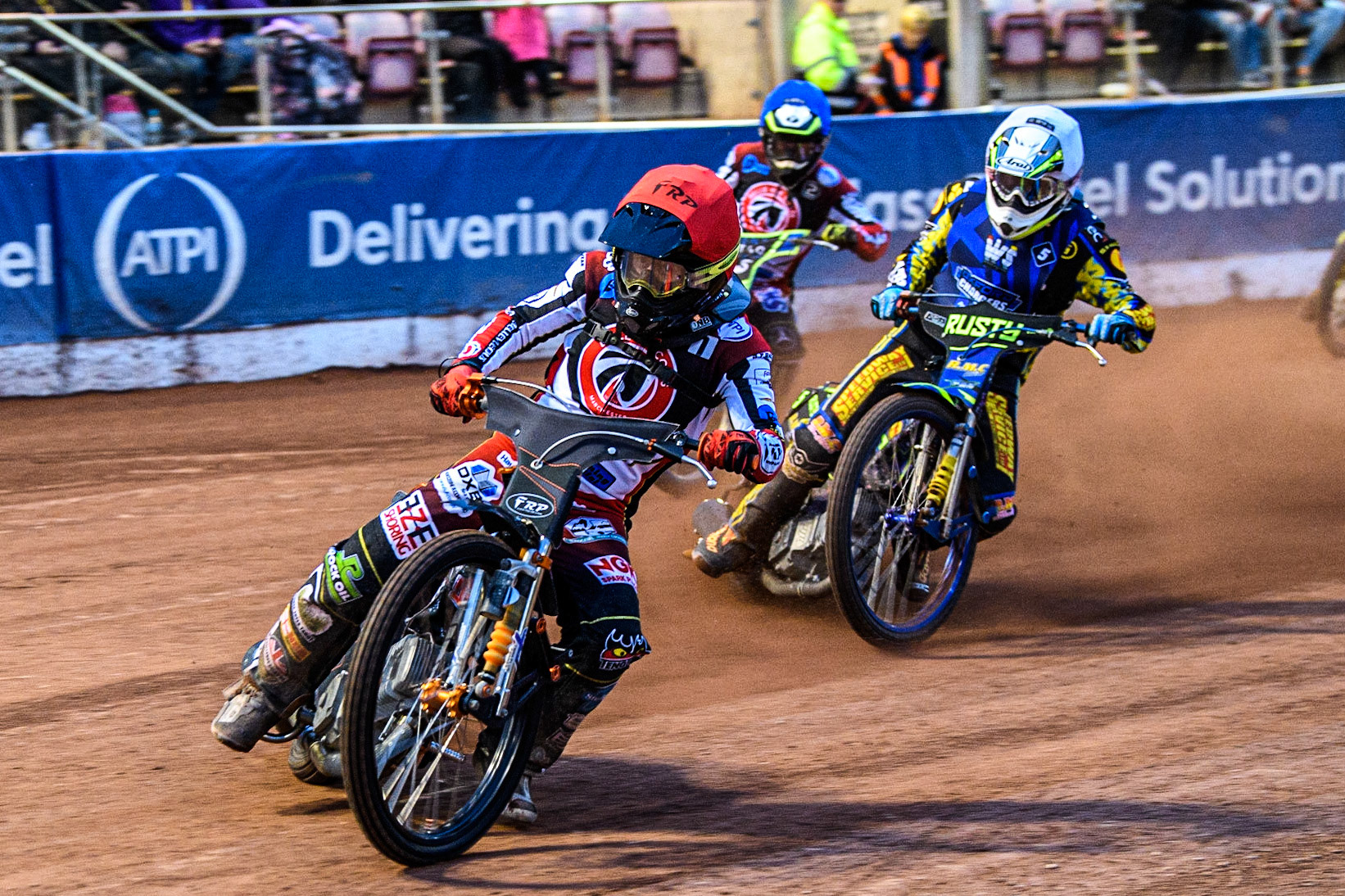 Jack Smith  (Red) leads Ryan Kinsley  (White) and Luke Muff  (Blue) during the National Development League match between Belle Vue Colts and Oxford Chargers at the National Speedway Stadium, Manchester on Friday 12th May 2023. (Photo: Ian Charles | MI News)