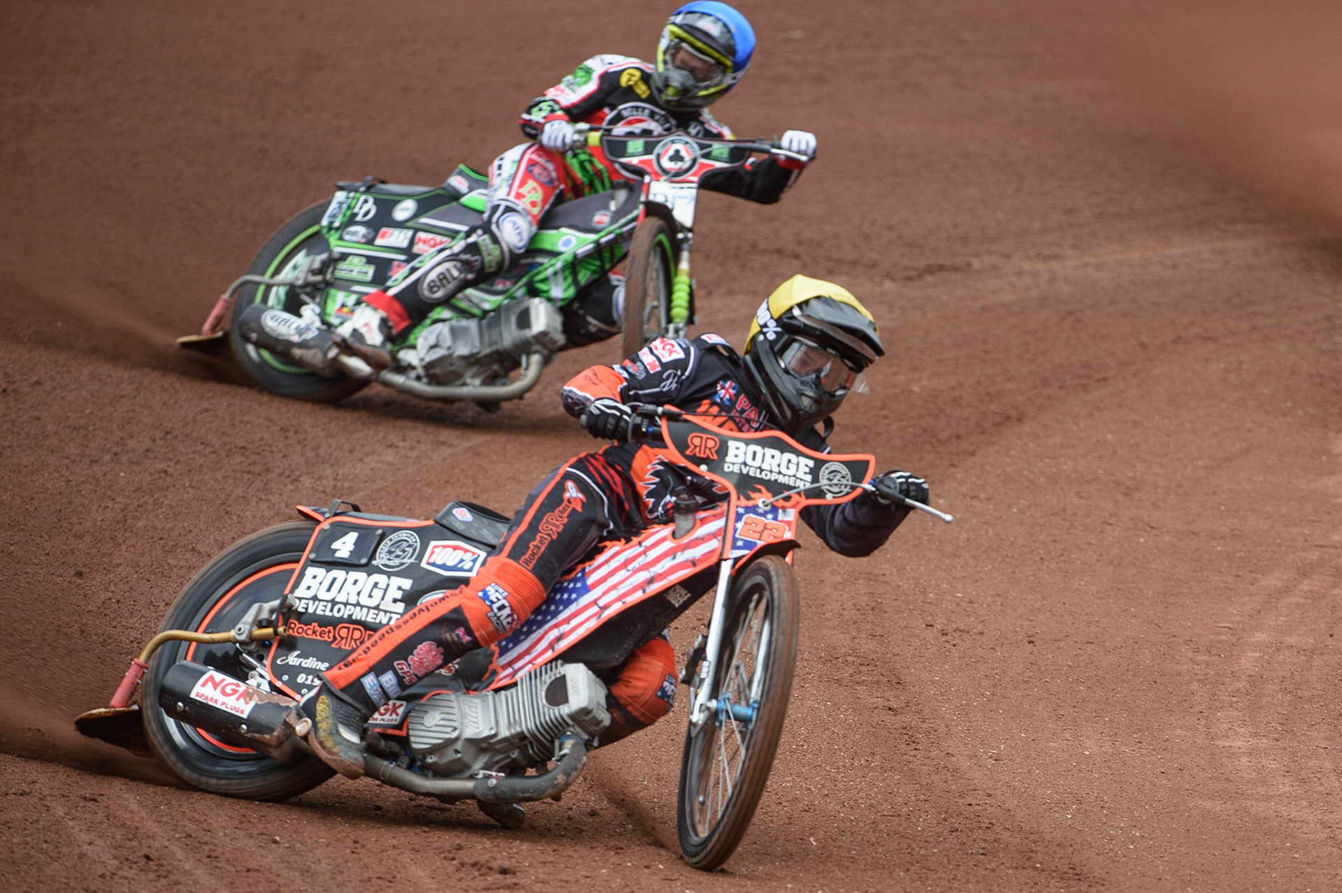 MANCHESTER, UK. AUGUST 30TH Luke Becker  (Yellow) leads Charles Wright  (Blue) during the SGB Premiership match between Belle Vue Aces and Wolverhampton Wolves at the National Speedway Stadium, Manchester on Monday 30th August 2021. (Credit: Ian Charles | MI News)