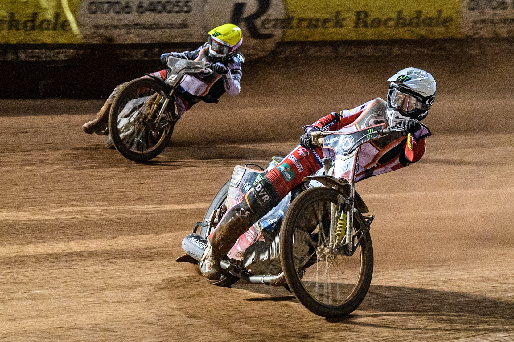 Jaimon Lidsey in White rides inside Freddie Lindgren in Yellow during the Peter Craven Memorial Trophy at the National Speedway Stadium, Manchester on Monday 17th March 2025. (Photo: Ian Charles | MI News)