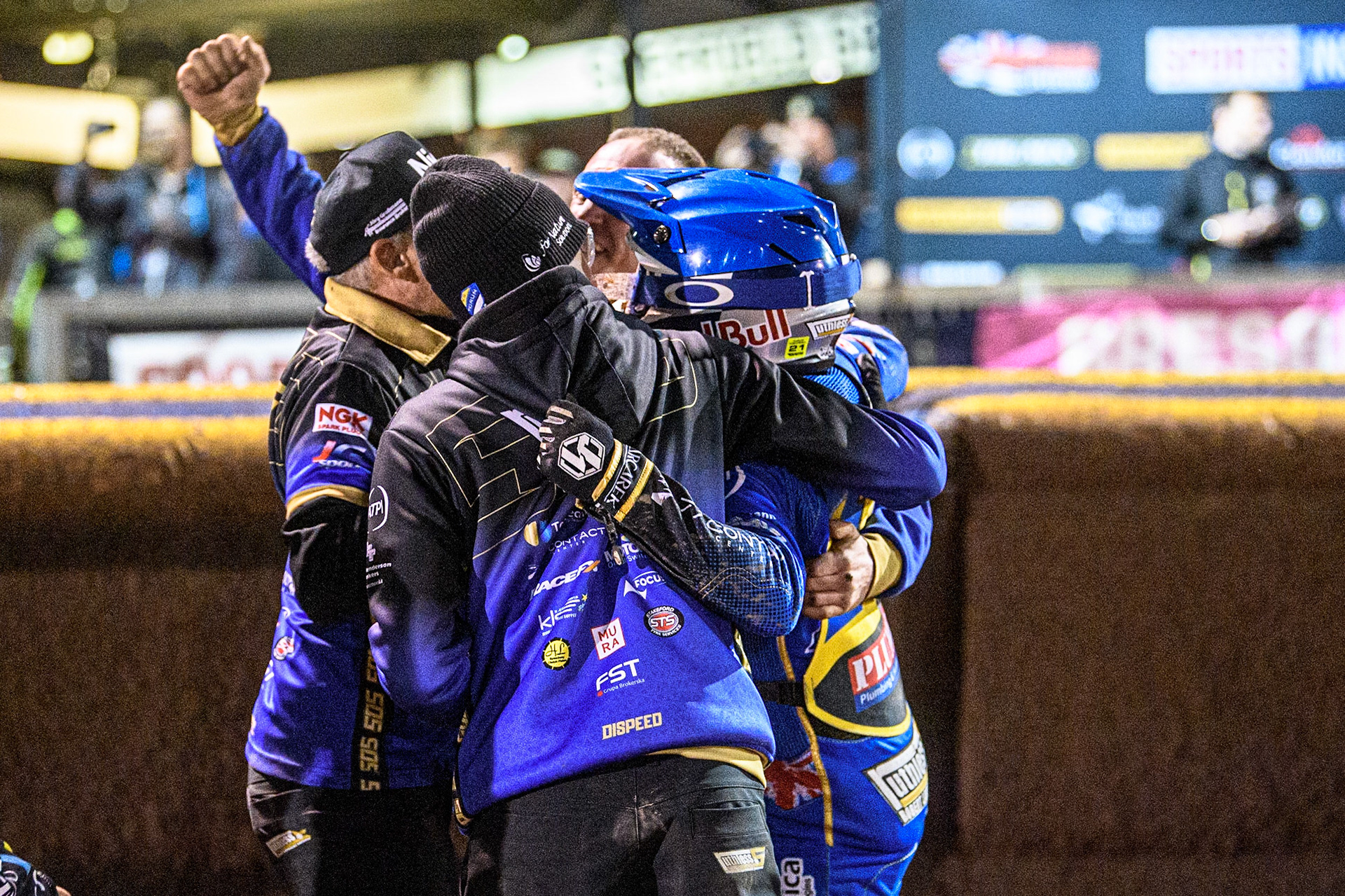 Sheffield riders and their mechanics celebrate during the Sports Insure Premiership Grand Final Second Leg match between Sheffield Tigers and Ipswich Witches at Owlerton Stadium, Sheffield on Thursday 5th October 2023. (Photo: Ian Charles | MI News)