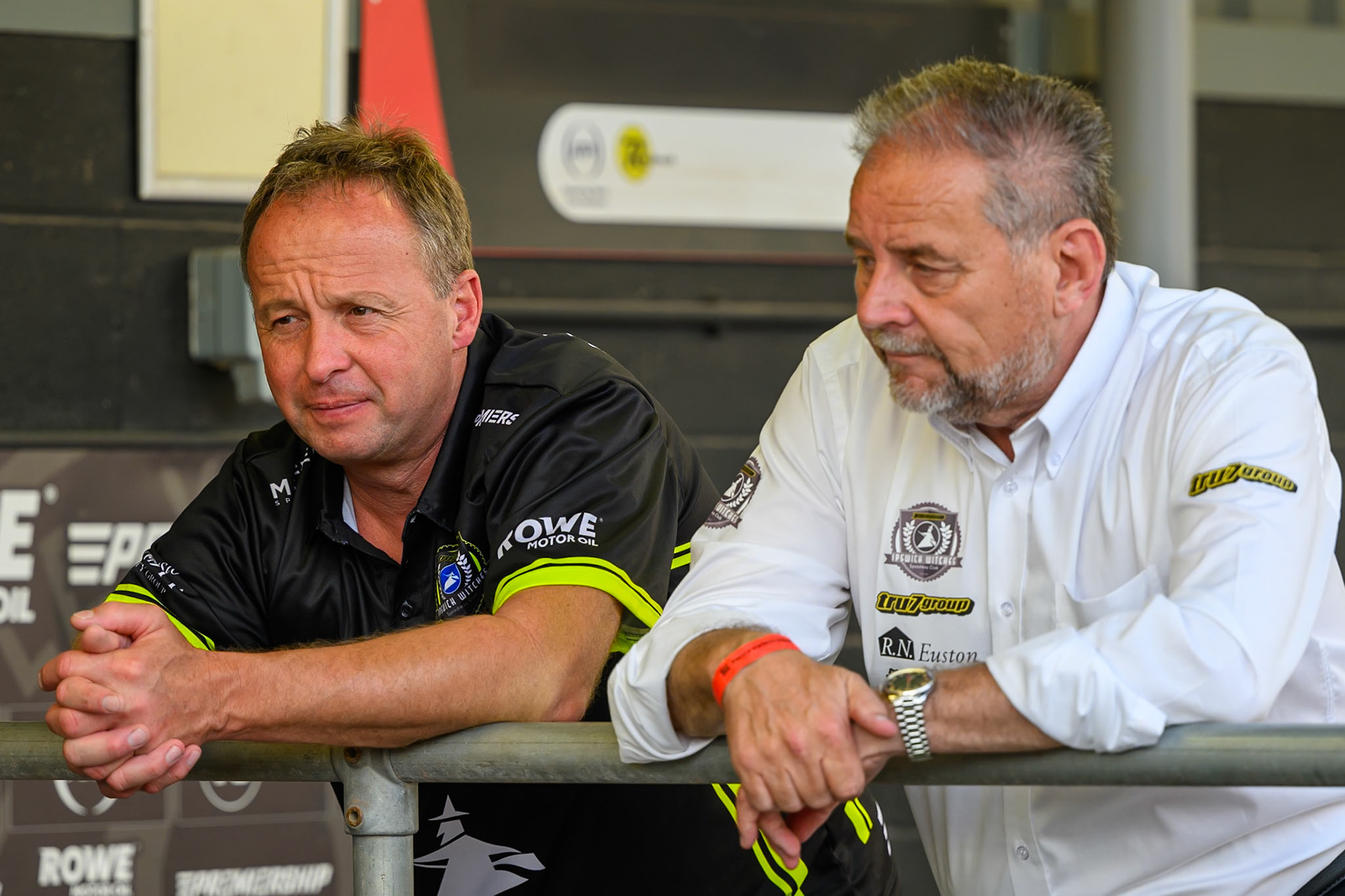 Paul Hurry, Team Manager of Ipswich Witches (Left) with Andy Chisholm, the Ipswich Co-Promoter during the Rowe Motor Oil Premiership match between Belle Vue Aces and Ipswich Witches at the National Speedway Stadium, Manchester on Saturday 20th June 2026. (Photo: Ian Charles | MI News)
