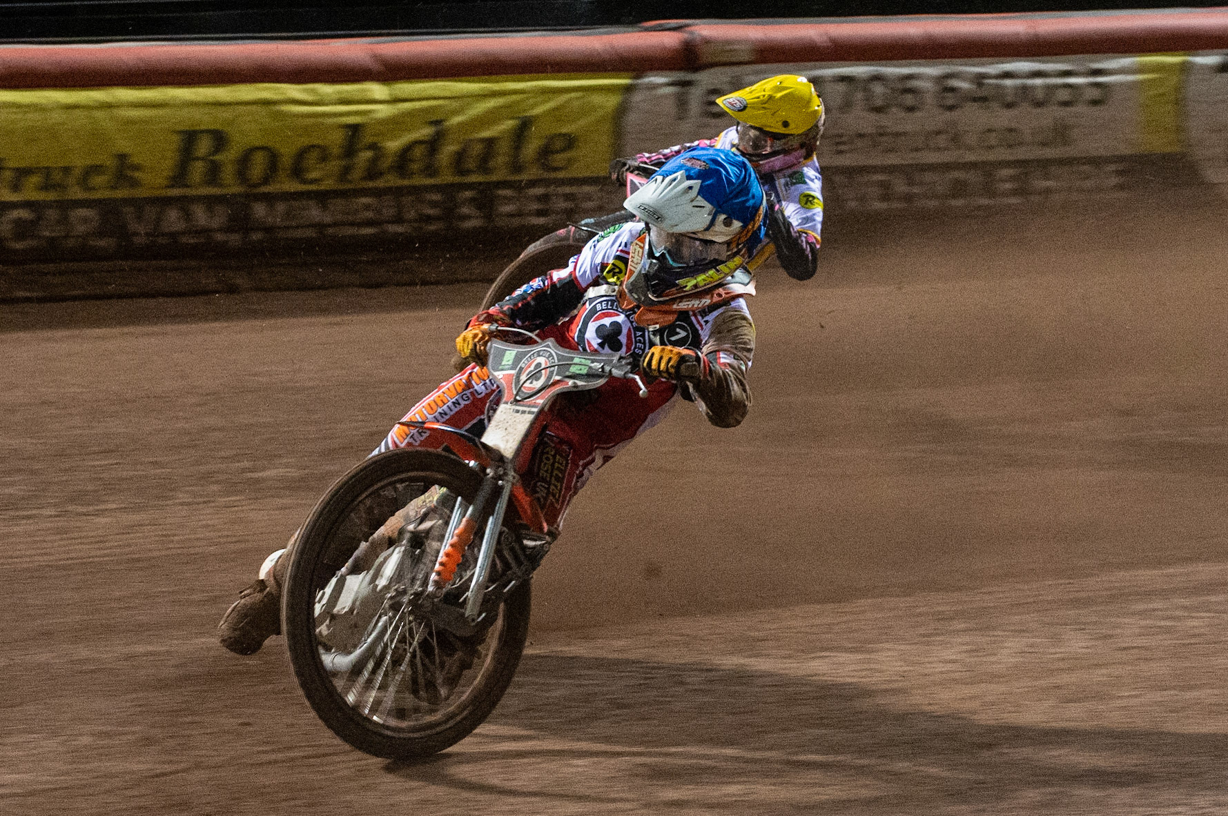 Photo: Ian CharlesJordan Palin of Belle Vue 'BikeRight' Aces (Blue) passes Leon Flint of the 'ATPI' All Stars (Yellow)Belle Vue ‘Bikerite ’Aces v ‘ATPI’ All Stars, Premiership Challenge, National Speedway Stadium, Manchester Thursday  24  September  2020