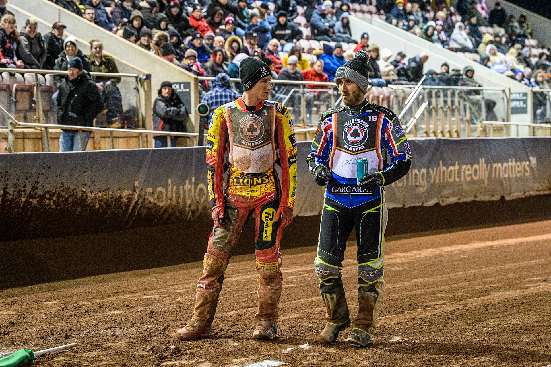 Max Fricke (Left) and Chris Holder discuss the start gates during the Peter Craven Memorial Trophy at the National Speedway Stadium, Manchester on Monday 17th March 2025. (Photo: Ian Charles | MI News)