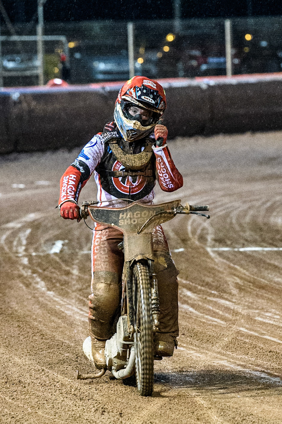 Belle Vue Colts' Sam Hagon acknowledges the fans after his final heat during the WSRA National Development League match between Belle Vue Colts and Sheffield Tiger Cubs at the National Speedway Stadium, Manchester on Monday 7th October 2024. (Photo: Ian Charles | MI News)