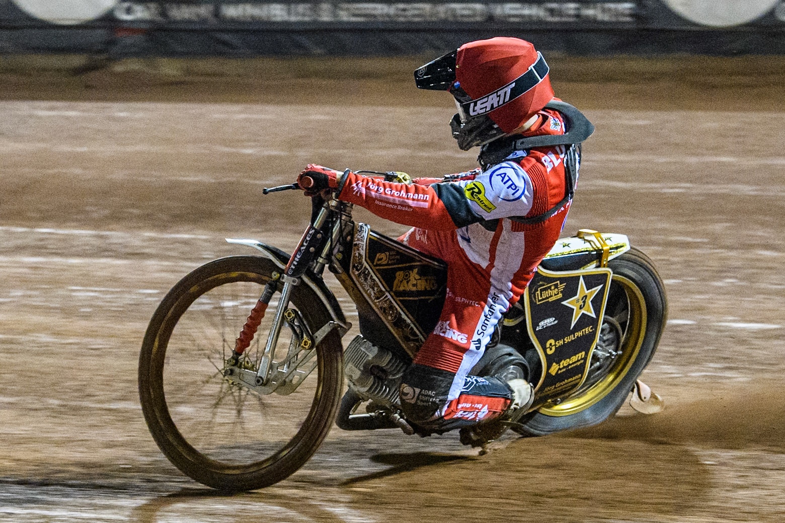 Belle Vue Aces' Norick Blodorn  in action during the Rowe Motor Oil Premiership Play Off Semi Final 2, 1st Leg match between Belle Vue Aces and Sheffield Tigers at the National Speedway Stadium, Manchester on Monday 16th September 2024. (Photo: Ian Charles | MI News)