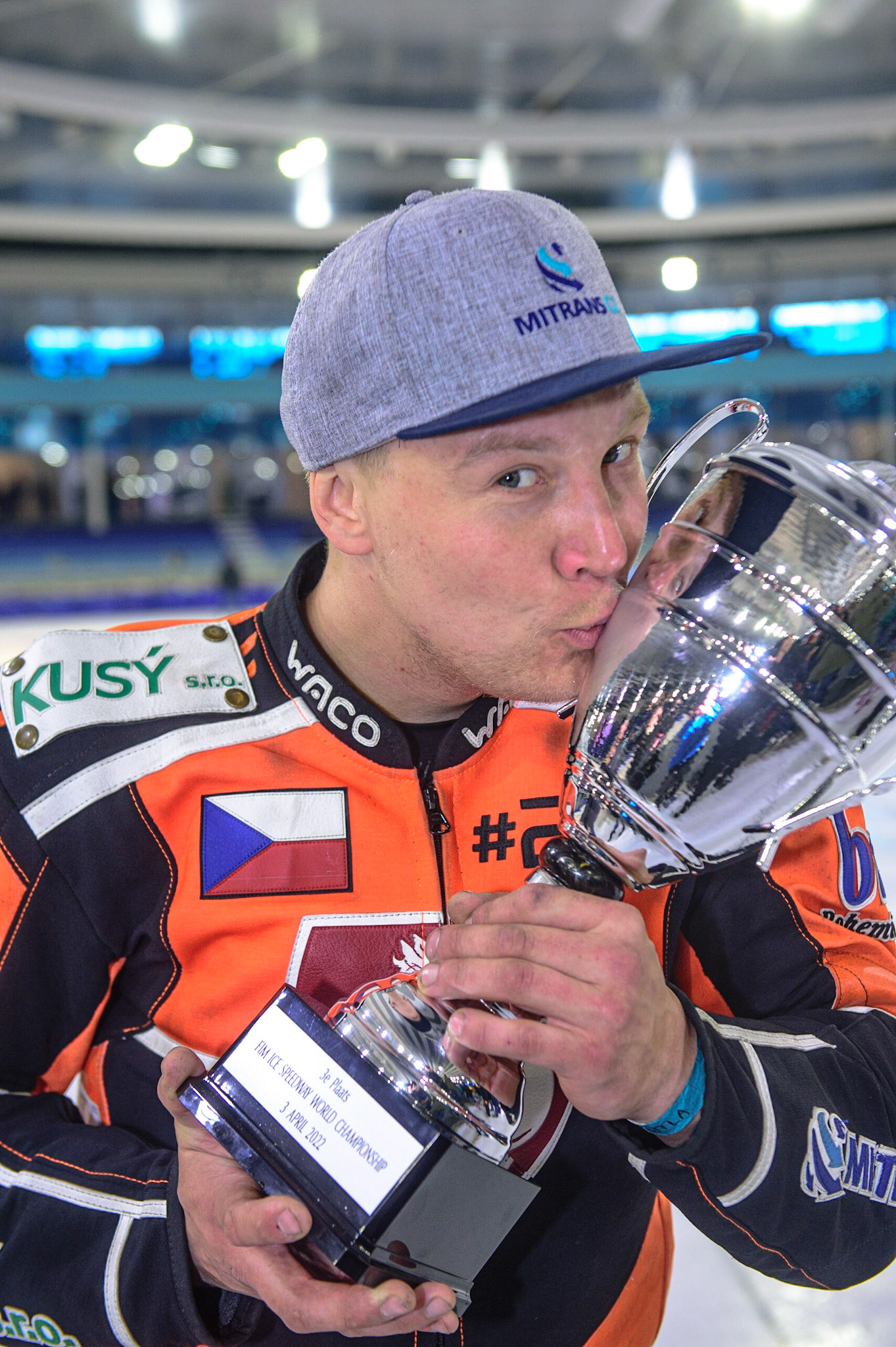 HEERENVEEN, NL.  Lukas Hutla (212) with his third place trophy - his best result in the World Championship during the FIM Ice Speedway Gladiators World Championship Final 4 at Ice Rink Thialf, Heerenveen on Sunday  3 April 2022. (Credit: Ian Charles | MI News)