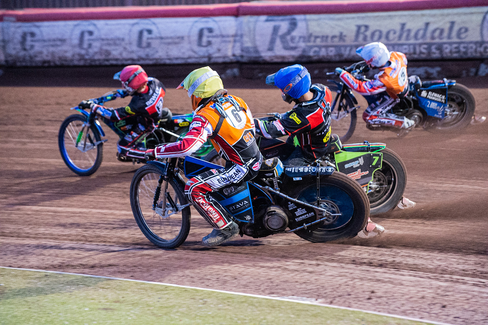 Photo by Ian Charles

Ellis Perks  (Yellow) inside Nikolaj Busk Jakobsen (Blue) Tobias Musielak  (White) and Dan Bewley (Red)


Belle Vue Aces v Swindon Robins, British Speedway Premiership, Belle Vue National Speedway Stadium, Manchester, Monday 12  August  2019