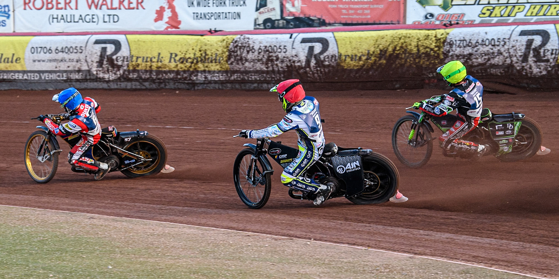 Charles Wright in Yellow chases Lewis Kerr in Red and Connor Mountain in Blue during the Attis Insurance Sports Division British Speedway Championship Final at the National Speedway Stadium, Manchester on Saturday 8th June 2024. (Photo: Ian Charles | MI News)