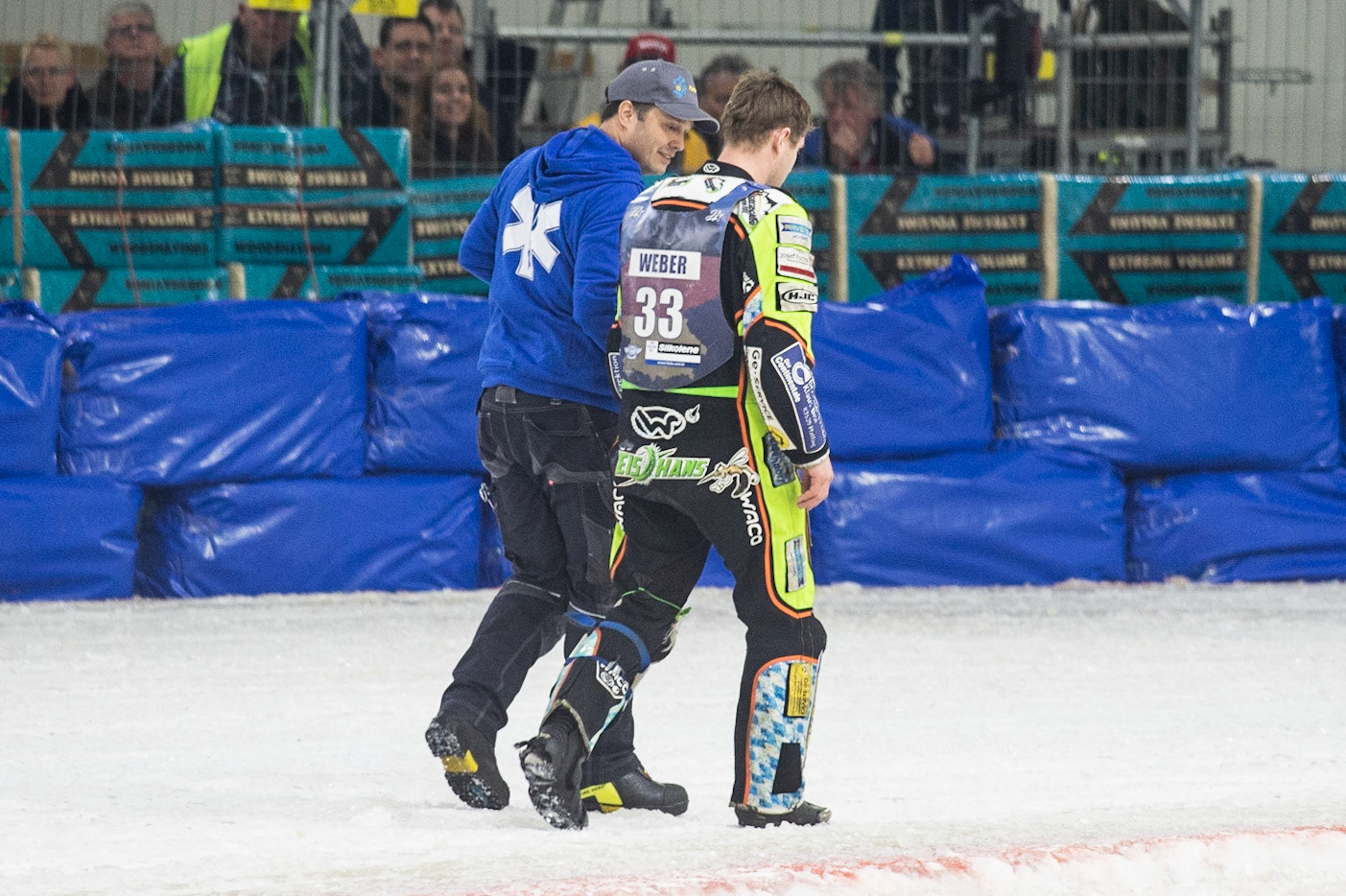 Photo: Ian Charles

Johann Weber (33) walks back to the pits after his crash with his mechanic

FIM Ice Speedway Gladiators World Championship, Event 5.1, Ice Rink Thialf, Heerenveen, Netherlands Saturday  30  March  2019