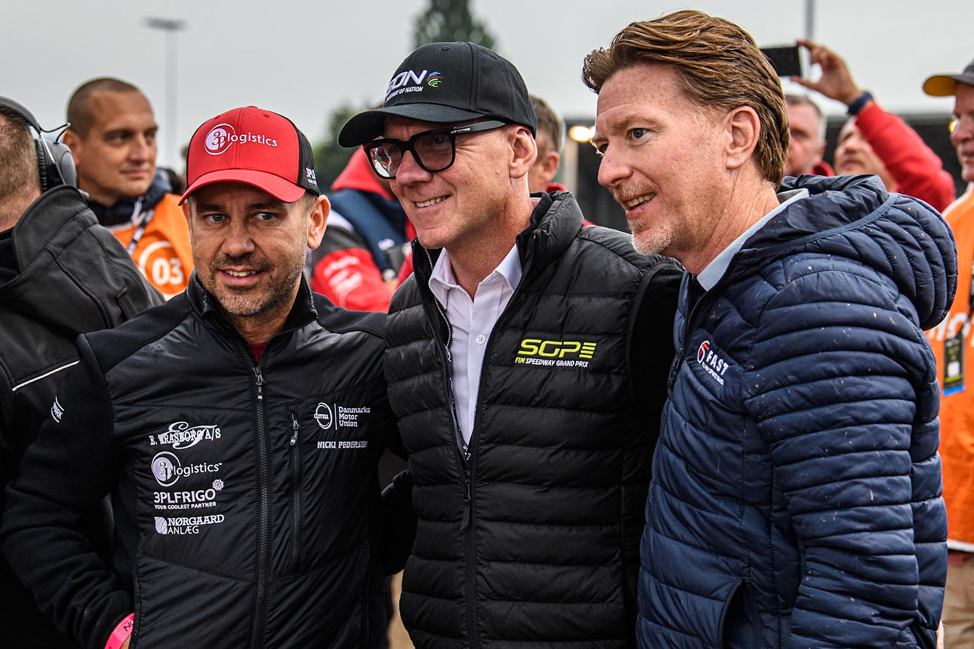 Three World Champions (Left) Nicky Pedersen, Tony Rickardsson and Jason Crump during the Monster Energy FIM Speedway of Nations 2 (Under 21) Final at the National Speedway Stadium, Manchester on Friday 12th July 2024. (Photo: Ian Charles | MI News)
