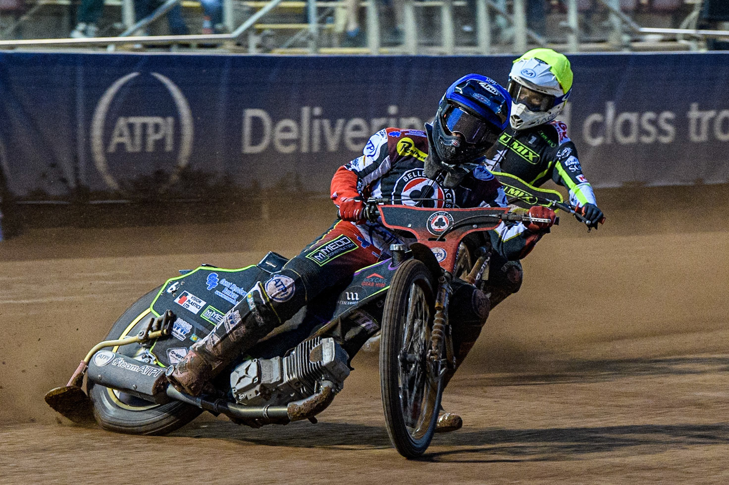 Tom Brennan (Blue) leads Emil Sayfutdinov (Yellow) during the Sports Insure Premiership match between Belle Vue Aces and Ipswich Witches at the National Speedway Stadium, Manchester on Monday 17th July 2023. (Photo: Ian Charles | MI News)