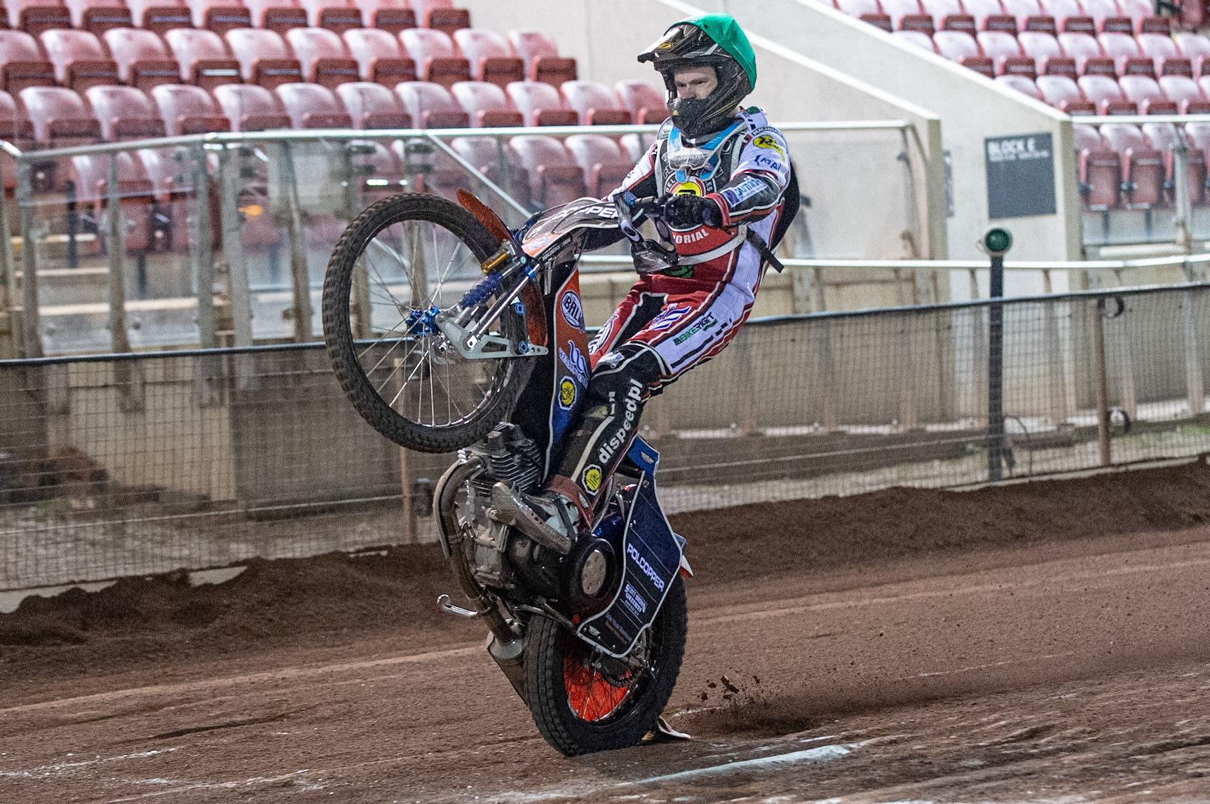 Photo: Ian CharlesBrady Kurtz pulls a wheelie Peter Craven Memorial Trophy, National Speedway Stadium, Manchester Thursday  22  October  2020