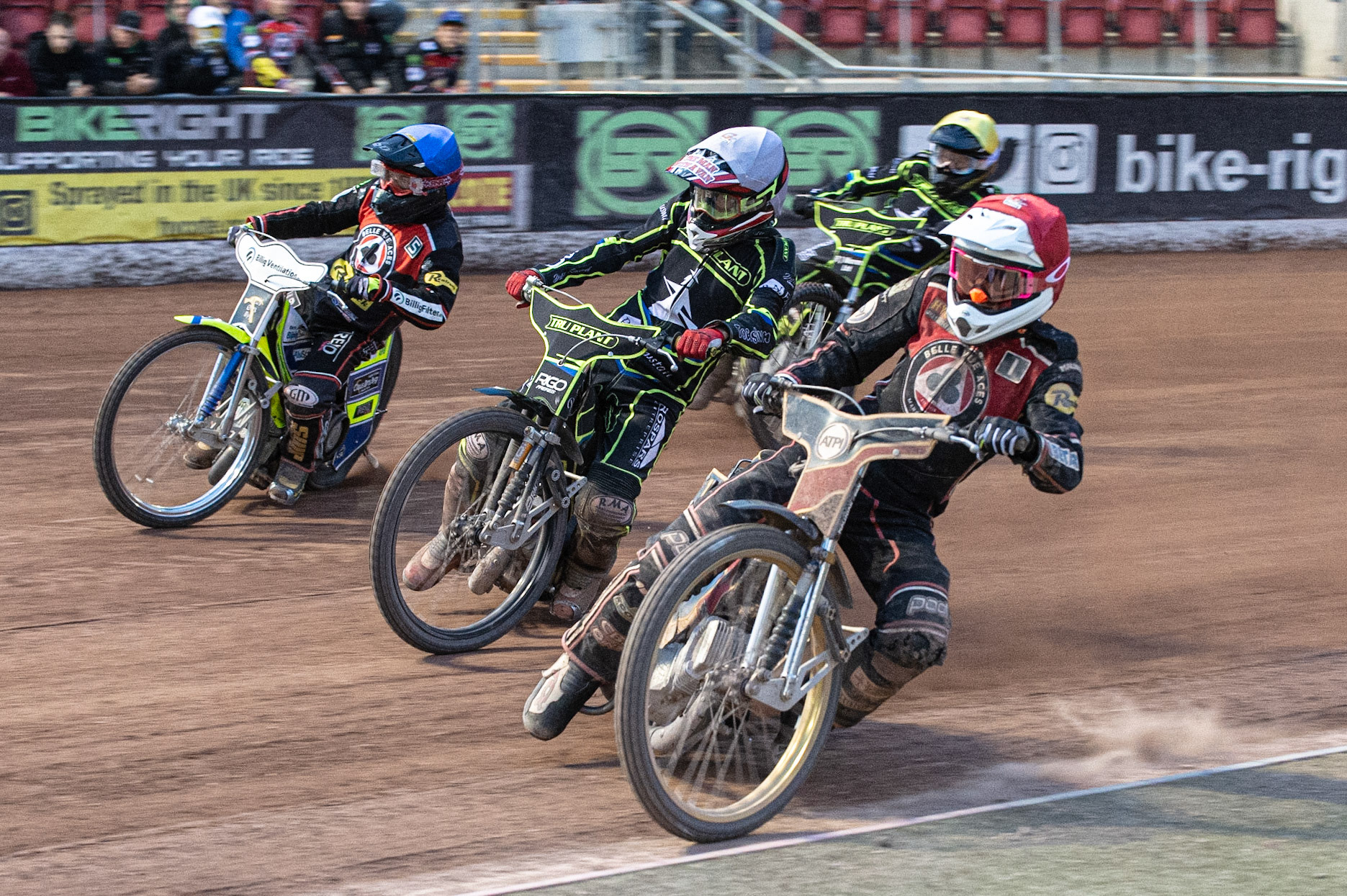 Photo: Ian Charles

Max Fricke  (Red) inside David Bellego  (White) and Kenneth Bjerre  (Blue) with Danny King  (Yellow) behind in the first turn of Heat 15

Belle Vue Aces v Ipswich Witches, British Speedway Premiership, Belle Vue National Speedway Stadium, Manchester, Monday 3  June  2019