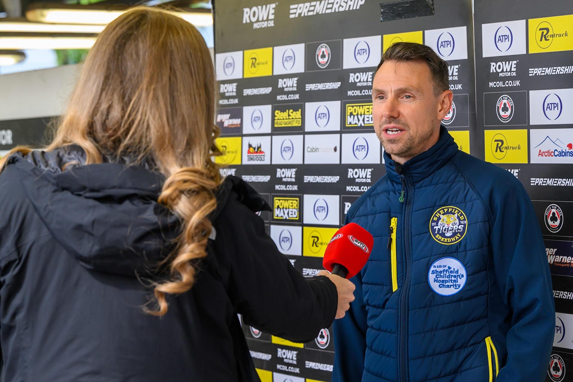 BVTV Reporter Vicky Moorcroft interviews Simon Stead, Team Manager of Sheffield Tigers during the Rowe Motor Oil Premiership match between Belle Vue Aces and Sheffield Tigers at the National Speedway Stadium, Manchester on Monday 31st August 2026. (Photo: Ian Charles | MI News)