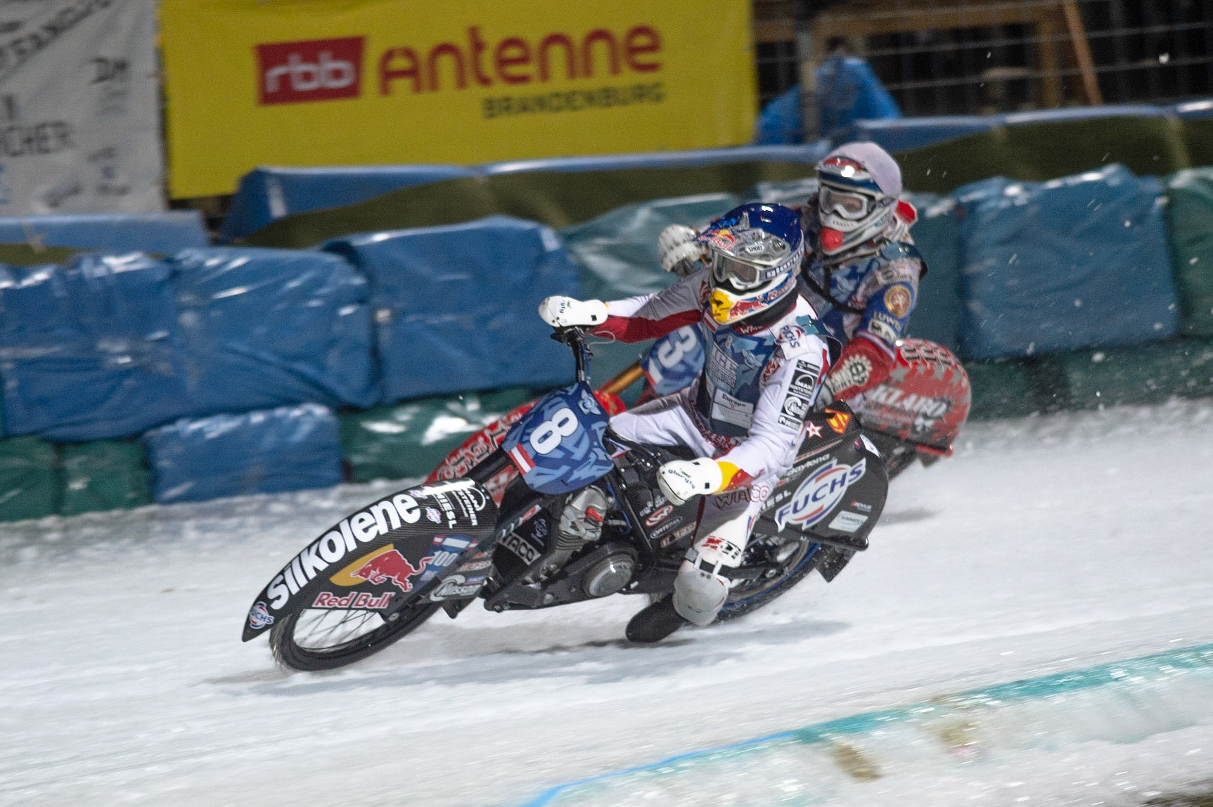BERLIN GERMANY  - February 29 Franky Zorn (Blue) passes Jan Klatovsky (White)   during theIce Speedway of Nations (Day 1) at the Horst-Dohm-Eisstadion, Berlin,  on Saturday 29 February 2020. (Credit: Ian Charles | MI News)