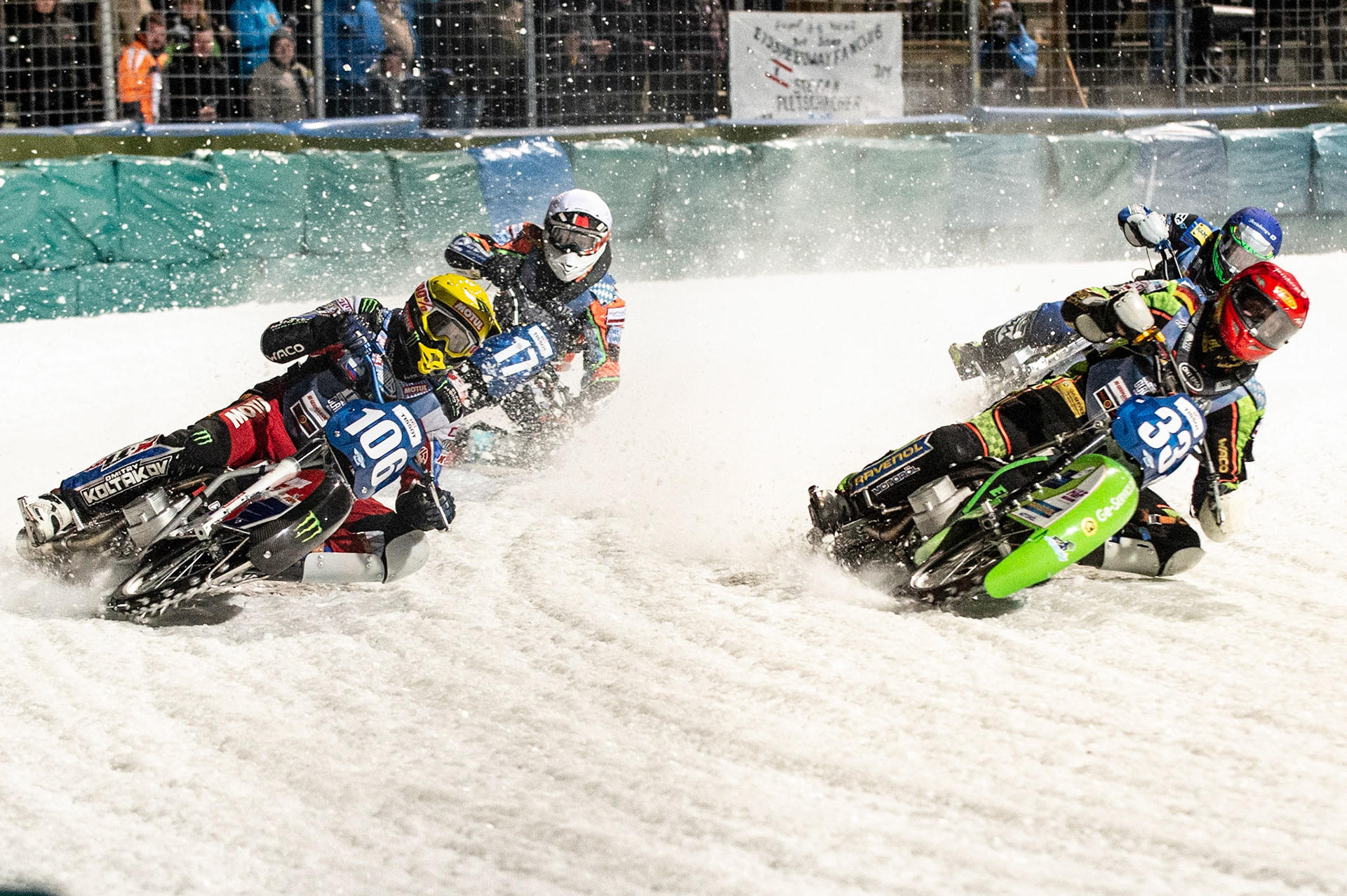 Photo: Ian Charles

Dmitri Koltakov (106) outside Johann Weber (33) with Markus Jell (17) and Niclas Svensson (192) (Blue) chasing

FIM Ice Speedway Gladiators World Championship, Final 3.1, Horst-Dohm Eisstadion, Berlin, Germany Saturday  2  March  2019