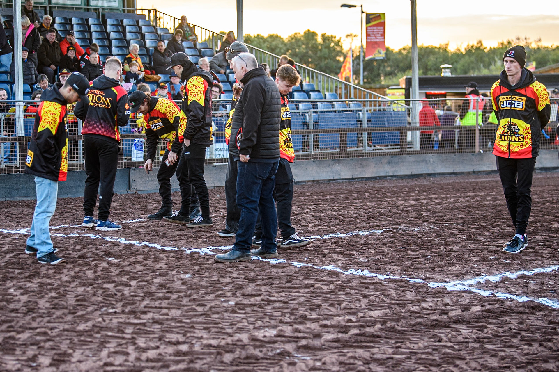 Leicester Watling JCB Lions on their track walk inspect the starting gate during the Rowe Motor Oil Premiership Grand Final 2nd Leg between Leicester Lions and Belle Vue Aces at the Pidcock Motorcycles Arena, Leicester on Thursday 26th September 2024. (Photo: Ian Charles | MI News)