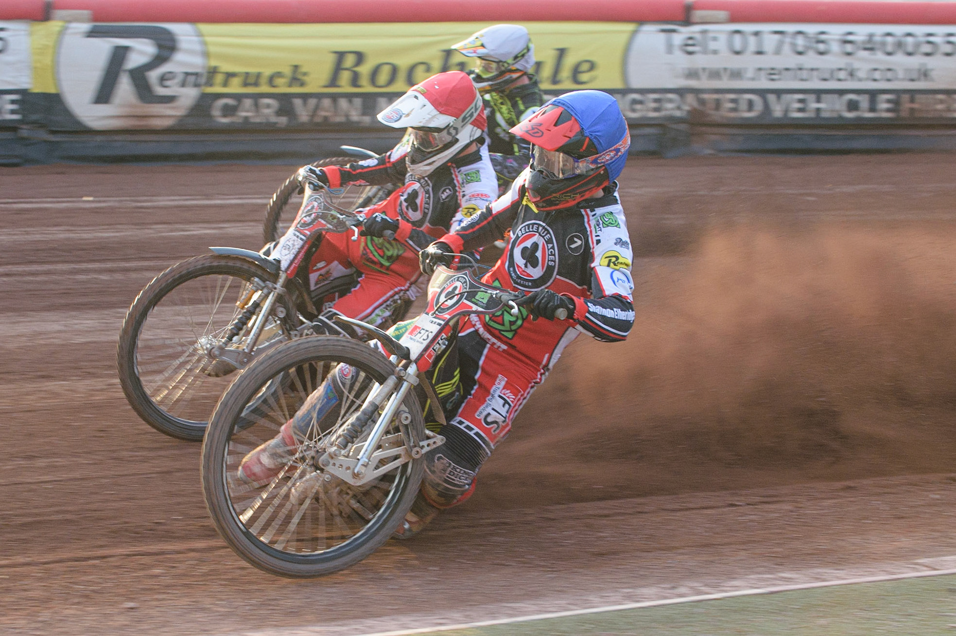 MANCHESTER, UK. JUNE 7TH   Jye Etheridge  (Blue) and Richie Worrall (Red) lead Jake Allen  (White) during the SGB Premiership match between Belle Vue Aces and Ipswich Witches at the National Speedway Stadium, Manchester on Monday 7th June 2021. (Credit: Ian Charles | MI News)