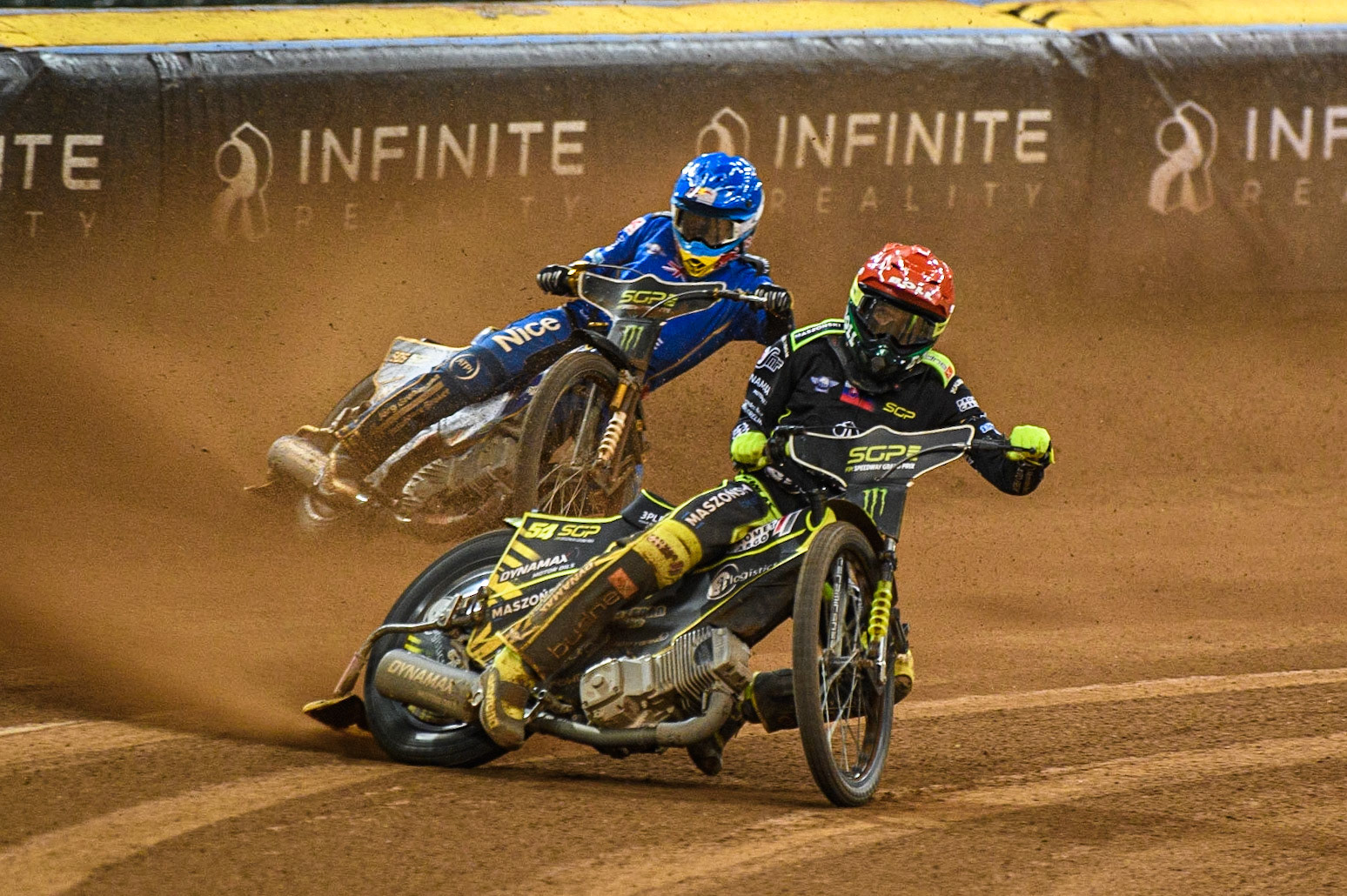 Martin Vaculik (54) (Red) leads  Robert Lambert (505) (Blue) during the FIM Speedway Grand Prix of Great Britain at the Principality Stadium, Cardiff on Saturday 2nd September 2023. (Photo: Ian Charles | MI News)