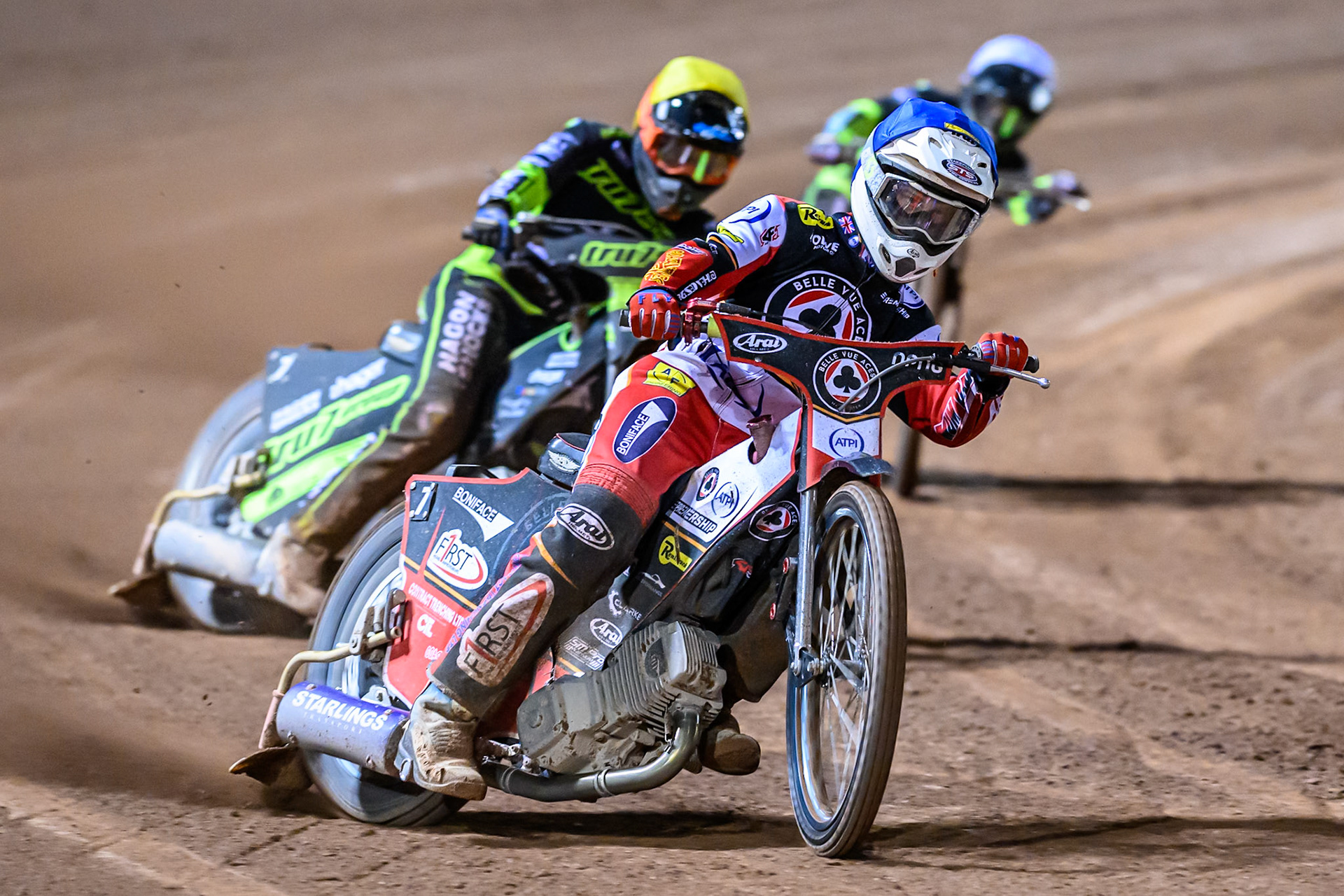 Jake Mulford of Belle Vue Aces  in Blue leading Jason Edwards of Ipswich Witches  in Yellow and Danny King of Ipswich Witches  in White during the Rowe Motor Oil Premiership Play Off Semi Final 1 (1st Leg)  between Belle Vue Aces and Ipswich Witches at the National Speedway Stadium, Manchester on Monday 8th September 2025. (Photo: Ian Charles | MI News)