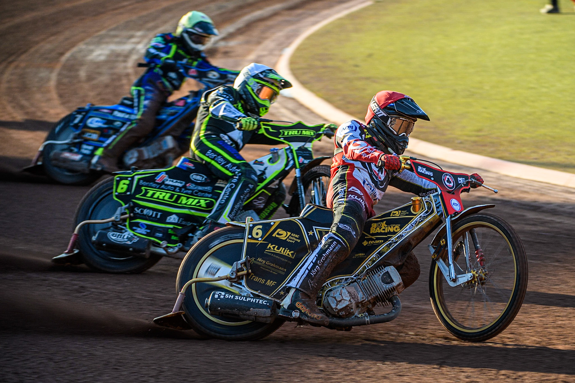 Norick Blodorn (Red) leads Danyon Hume  (White) and Joe Thompson (Yellow) during the Sports Insure Premiership match between Belle Vue Aces and Ipswich Witches at the National Speedway Stadium, Manchester on Monday 5th June 2023. (Photo: Ian Charles | MI News)