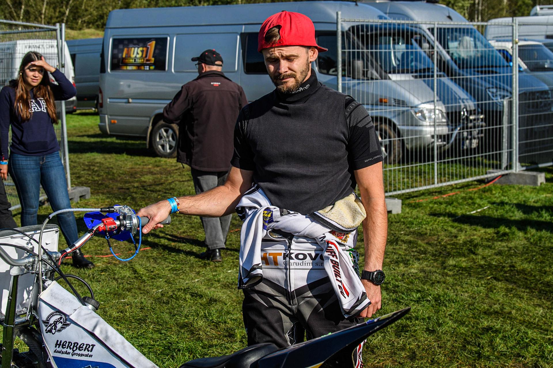 Hynek Stichauer warms up his bike during the FIM Long Track Of Nations event at the Speed Centre Roden on Sunday 24th September 2023. (Photo: Ian Charles | MI News)