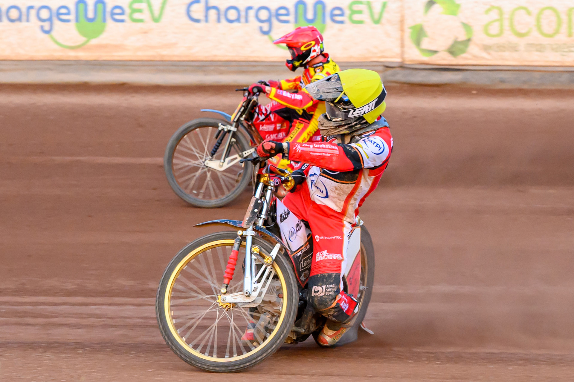 Belle Vue Aces' Norick Blodorn in Yellow rides inside Leicester Lions' Max Fricke in Red during the Rowe Motor Oil Premiership match between Leicester Lions and Belle Vue Aces at the Hydroscand Arena, Leicester on Thursday 19th June 2025. (Photo: Ian Charles | MI News)