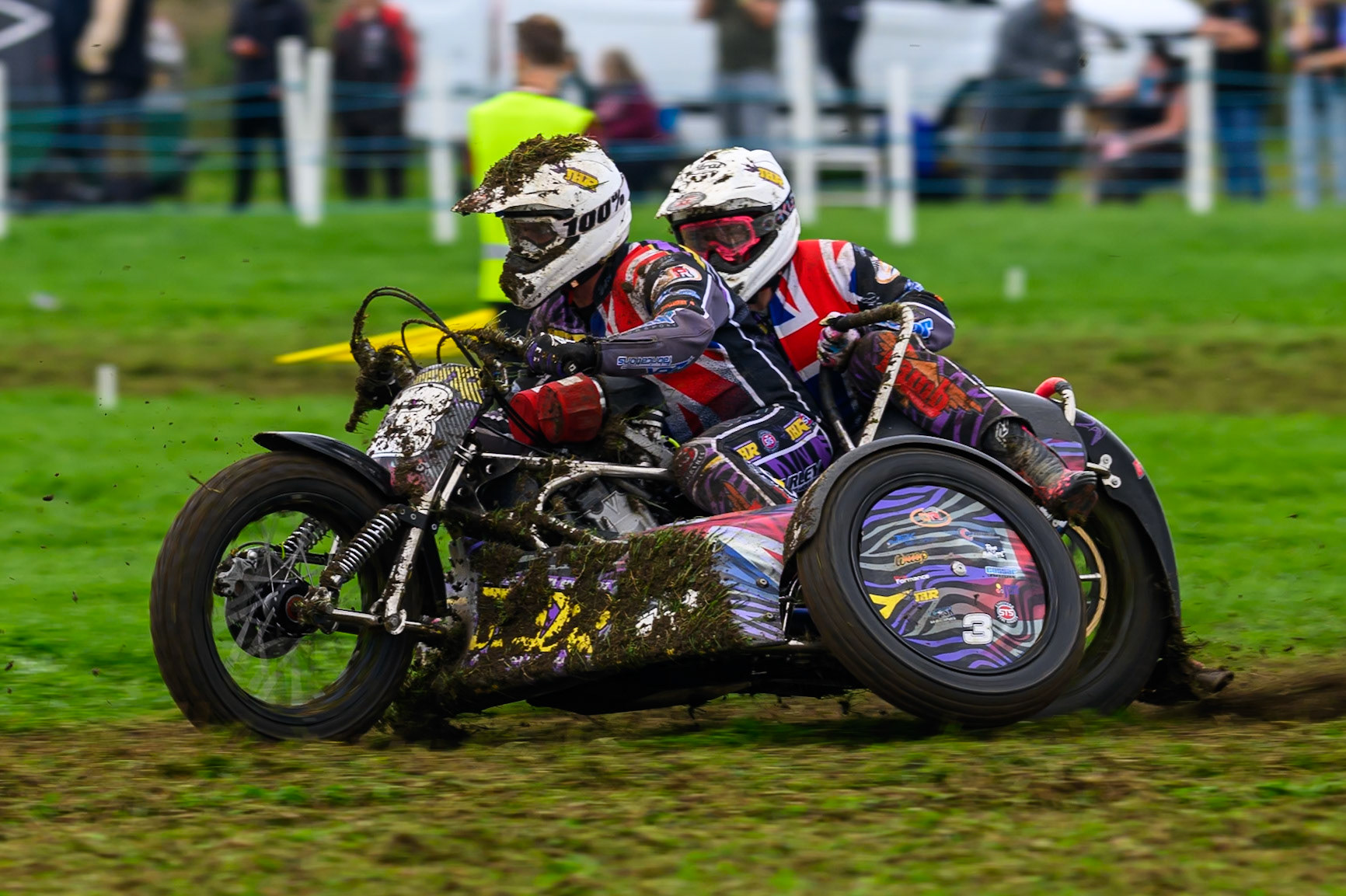John Hand/Adrian North (3) during practice for  the British Masters Grasstrack Championship at Lower Marsh Farm, Much Hoole, Preston in Lancashire, England on Sunday 13th September 2026. (Photo: Ian Charles | MI News)