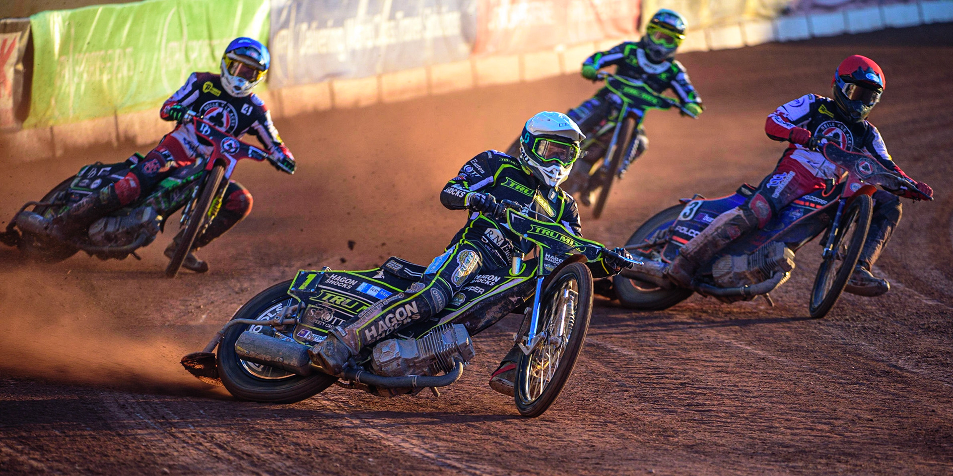Jason Doyle  (White) leads Brady Kurtz  (Red) Charles Wright  (Blue) and Paul Starke  (Yellow) during the SGB Premiership match between Belle Vue Aces and Ipswich Witches at the National Speedway Stadium, Manchester on Monday 8th August 2022. (Credit: Ian Charles | MI News)