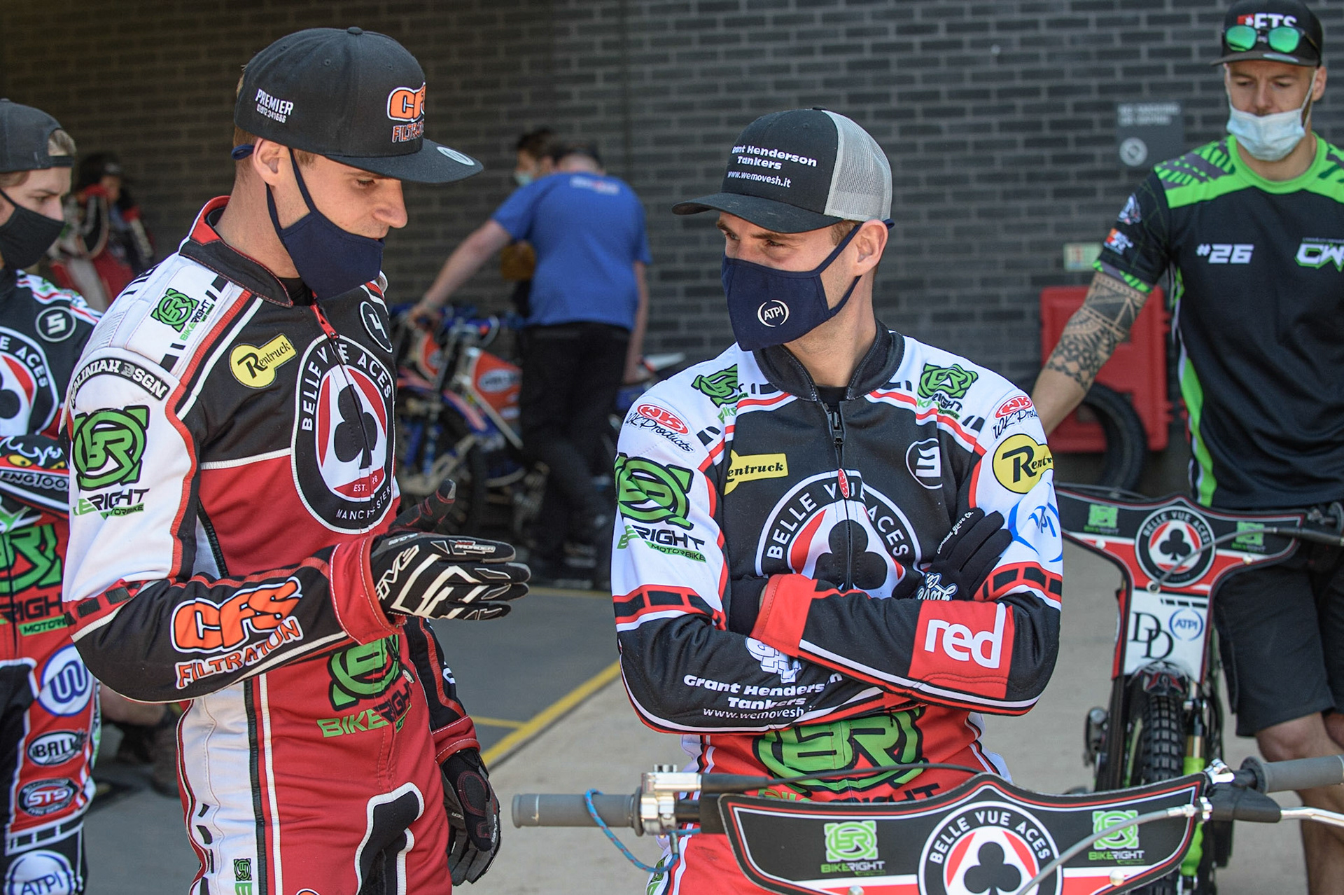 MANCHESTER, UK. MAY 31ST  Steve Worrall  (left) chats with Richie Worrall  during the SGB Premiership match between Belle Vue Aces and Peterborough at the National Speedway Stadium, Manchester on Monday 31st May 2021. (Credit: Ian Charles | MI News)