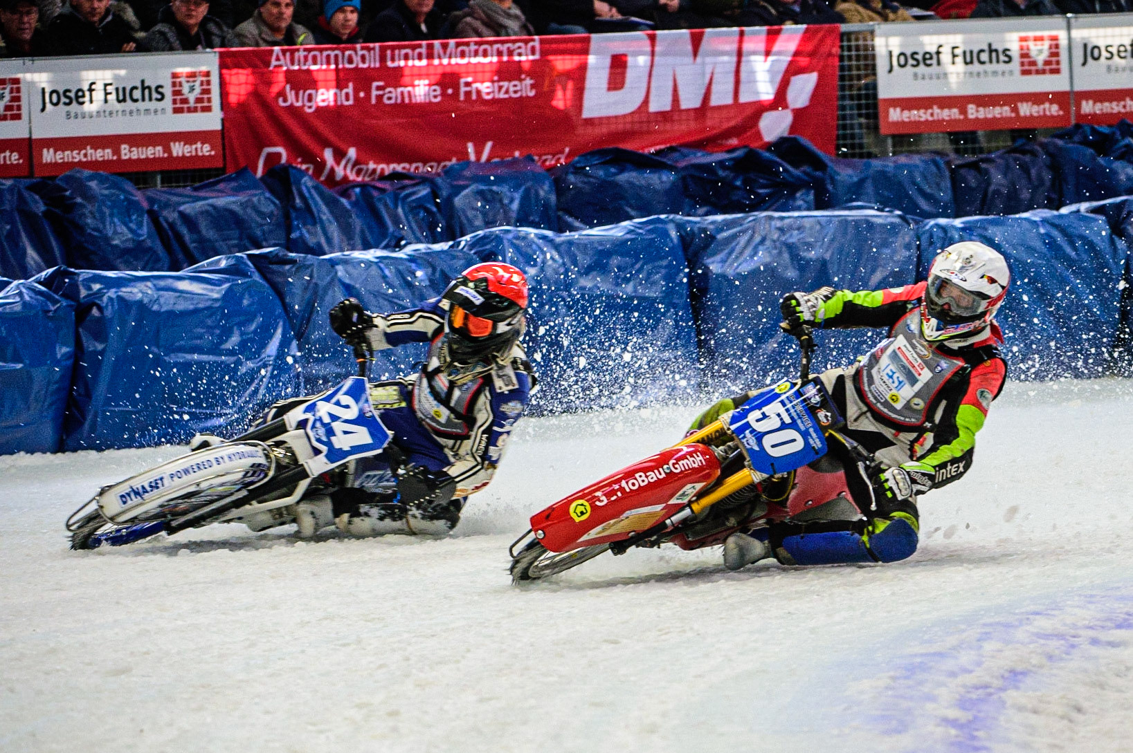 Harald Simon (50) (White) inside Max Koivula (24) (Red) during the Ice Speedway Gladiators World Championship Final 2 at Max-Aicher-Arena, Inzell, Germany on Sunday 19th March 2023. (Photo: Ian Charles | MI News)